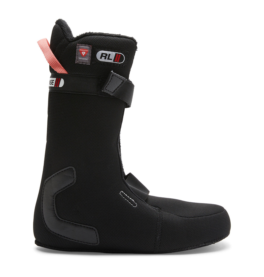 Black women’s snowboard boot liner with velcro straps, a red pull tab, and DC Shoes branding labels, shown from the side on a white background—designed for use with the Women’s Phase BOA® Pro Step On® Snowboard Boots featuring advanced systems like the Dual Zone BOA® Fit System.