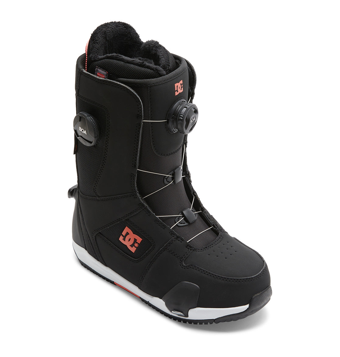The DC Shoes Women’s Phase BOA® Pro Step On® Snowboard Boot is shown in black with red DC branding, a white sole, and features the Dual Zone BOA® Fit System dial lacing system, displayed on a white background.