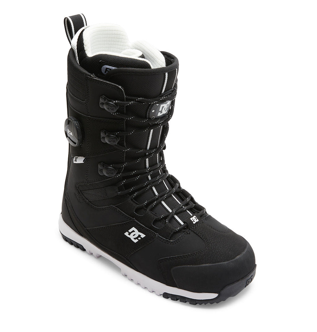 The DC Shoes Men’s Premier Hybrid BOA® Snowboard Boots feature a black design with white accents, multiple laces and hooks, a rugged sole, and high ankle support. This Premier Hybrid model incorporates the BOA® Fit System for precise adjustment and enhanced comfort on the slopes.