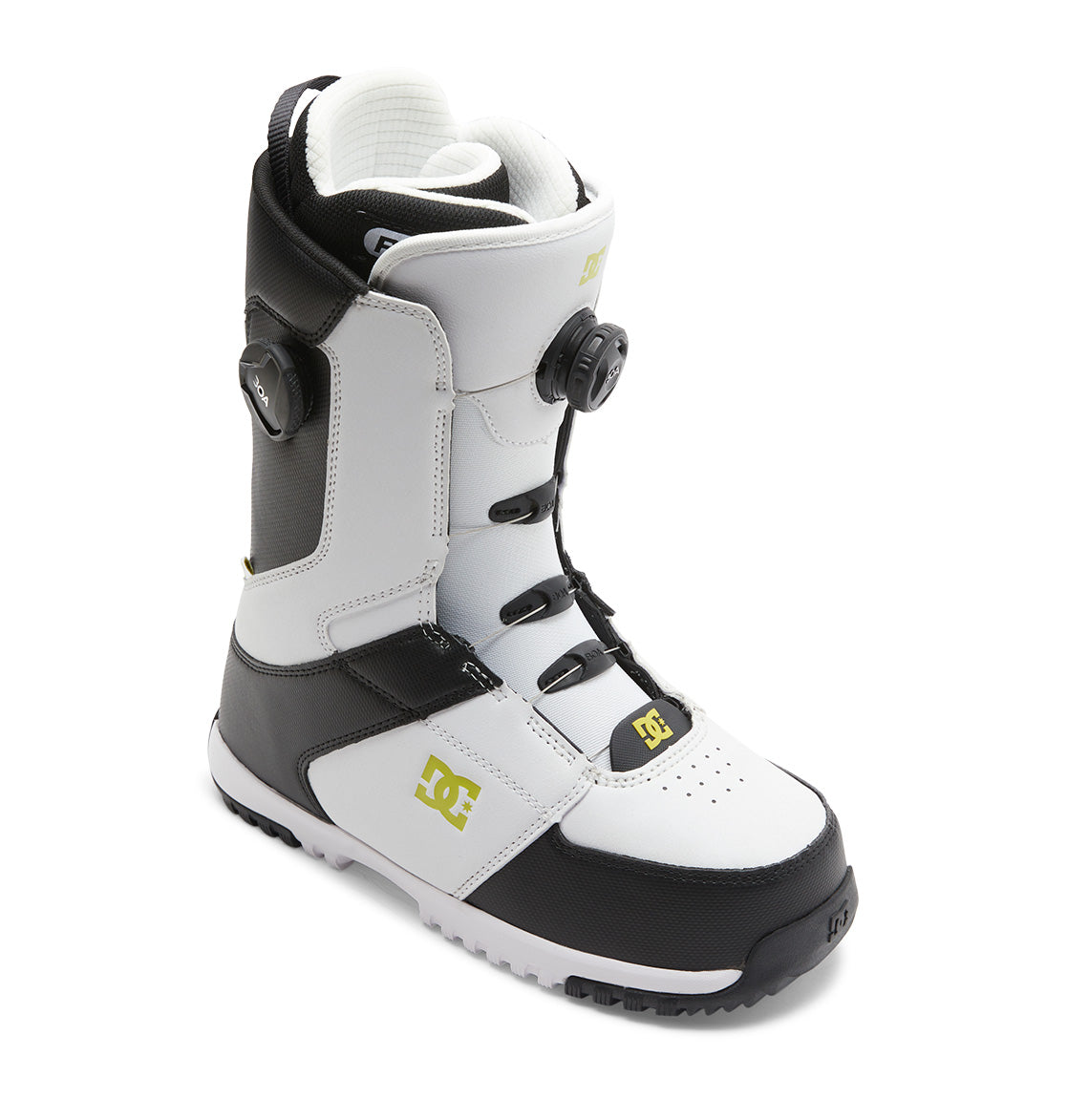 The DC Shoes Men’s Control BOA® Snowboard Boot is a black and white all-mountain boot featuring the Dual Zone BOA® Fit System and a yellow DC logo, shown angled on a white background—blending signature skate-inspired style with advanced performance features.