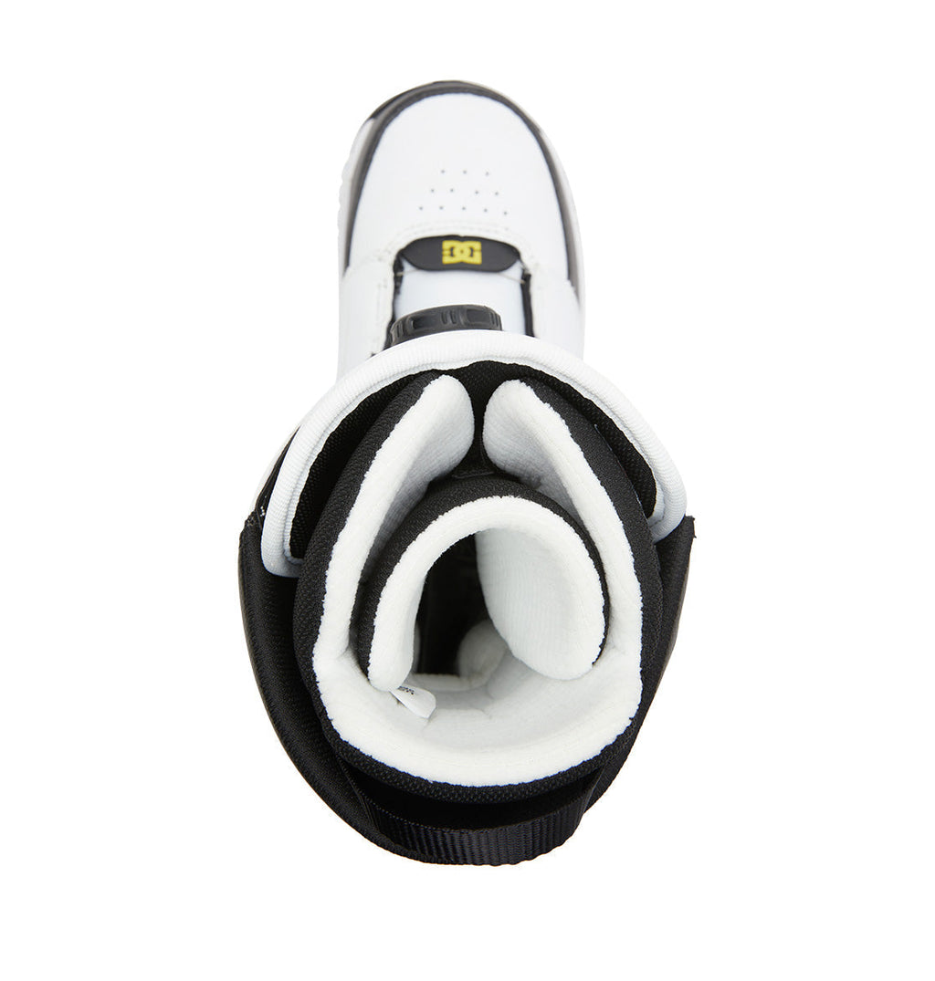Top view of the Men’s Control BOA® Snowboard Boots by DC Shoes in white and black, featuring thick cushioning around the ankle and tongue with detailed padding and BOA® closure holes, reminiscent of premium skate footwear, on a plain white background.