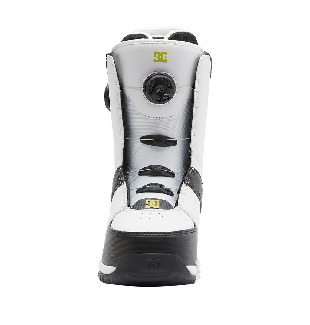 Presenting the DC Shoes Men’s Control BOA® Snowboard Boots: shown in a white and black, front-facing design, these all-mountain boots feature the precision Dual Zone BOA® Fit System for customizable tightening and display the signature DC logo in yellow on both the tongue and toe—combining iconic skate-inspired style with mountain-ready performance.