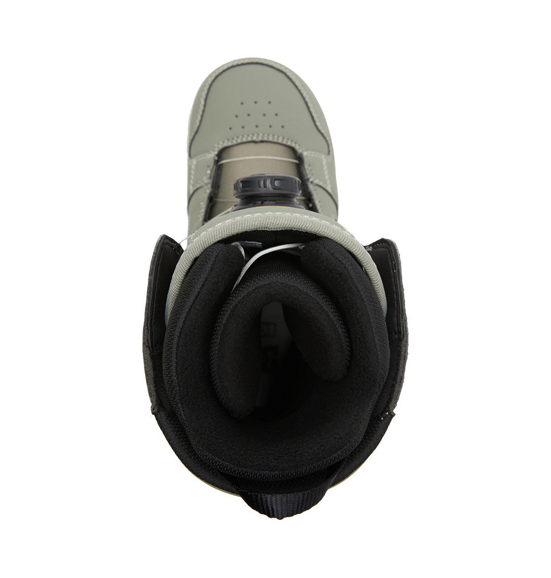 Top view of a gray and black DC Shoes Women’s Phase BOA® Snowboard Boot, highlighting the padded collar, tongue, and interior lining. The boot showcases a rounded toe and features the BOA® Fit System on the upper for secure fastening.