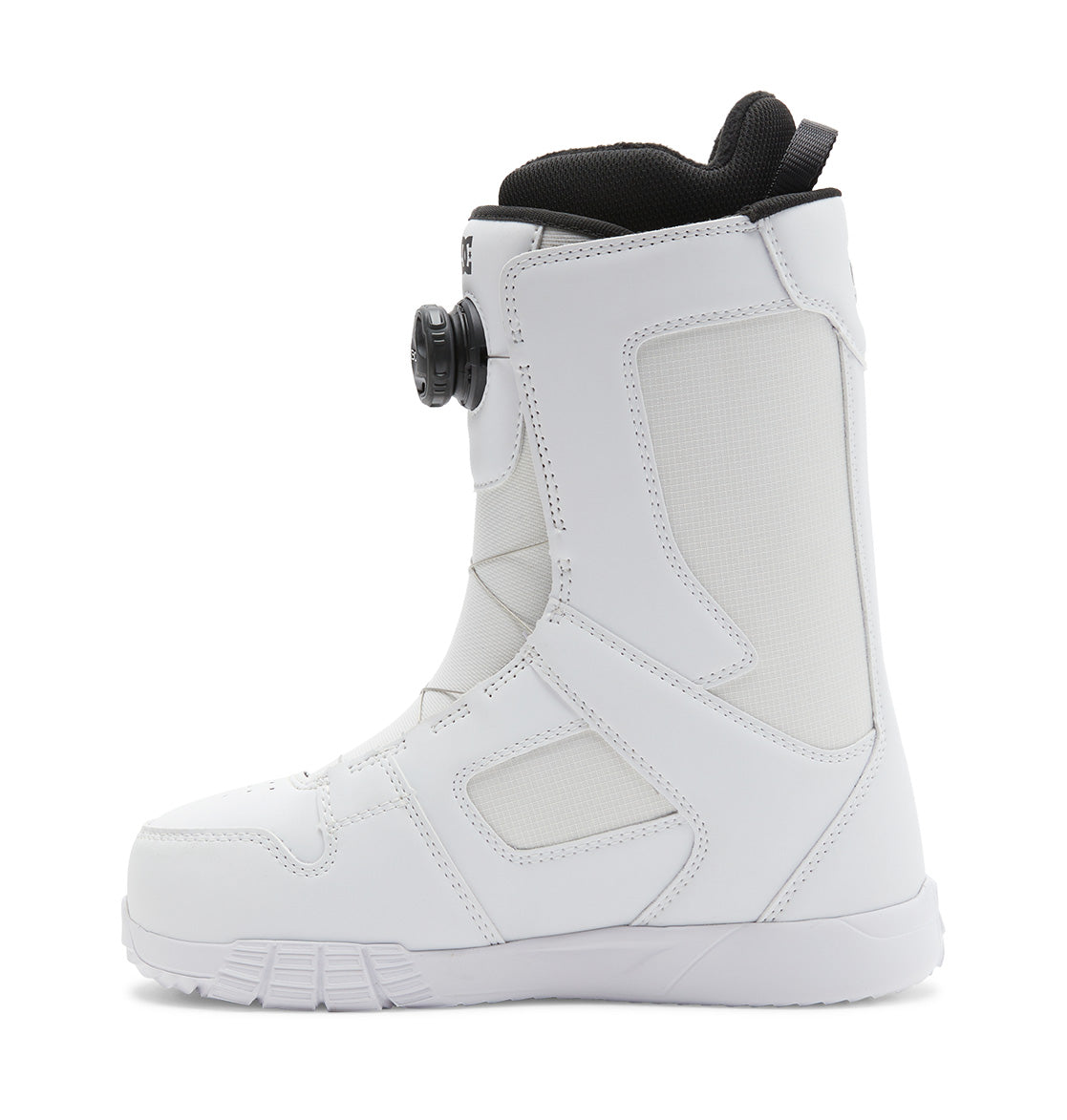 Women’s Phase BOA® Snowboard Boots by DC Shoes in white, featuring a black BOA® Fit System dial closure, black inner lining, and textured panels, shown in profile facing left against a plain white background.