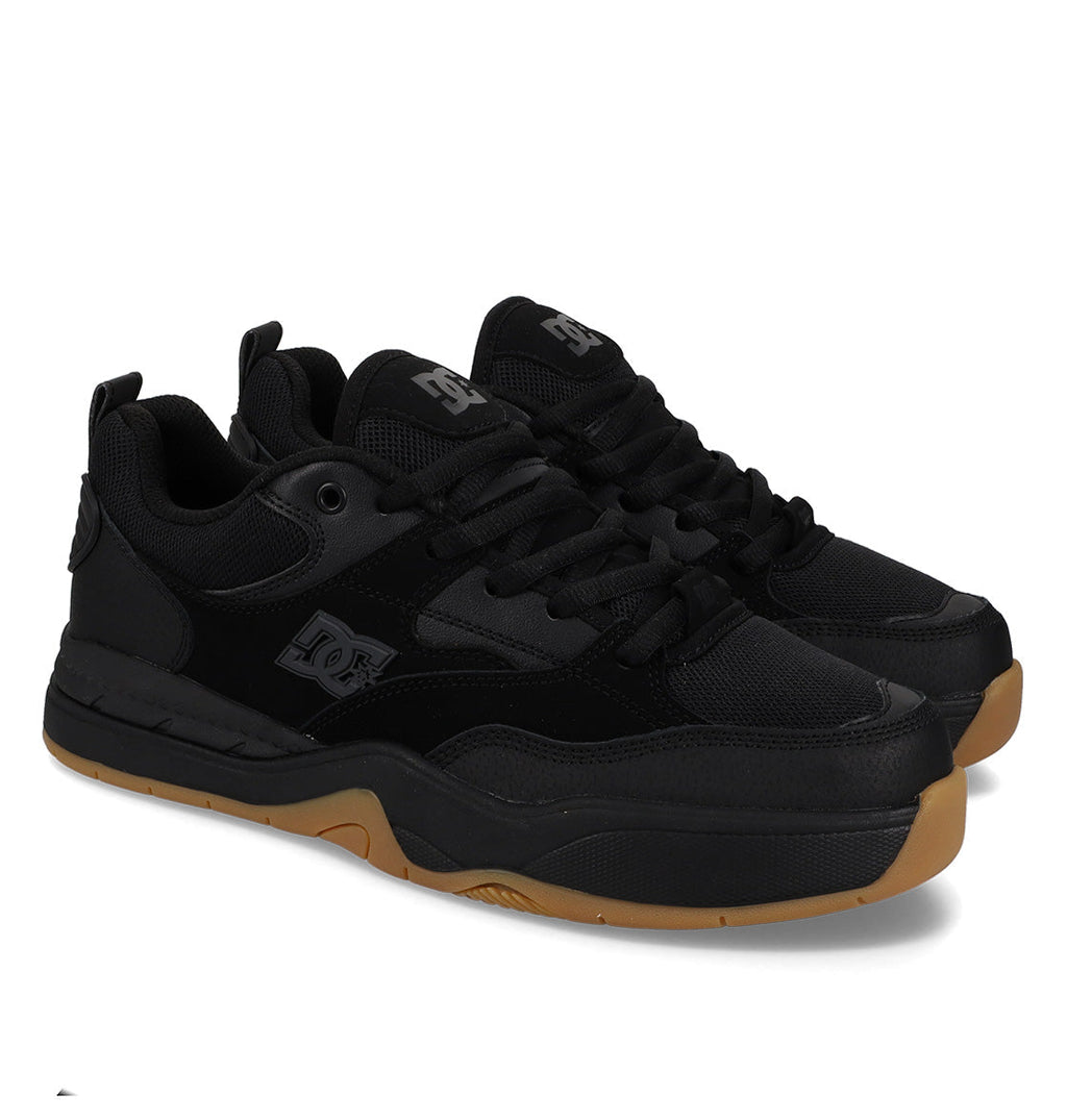 A pair of DC Shoes Men’s Ascend Skate Shoes in black, featuring breathable mesh and durable leather accents, black laces, gum-colored soles, and the DC Shoes logo on both the side and tongue. Inspired by classic sneakers, these shoes deliver modern comfort for everyday wear.