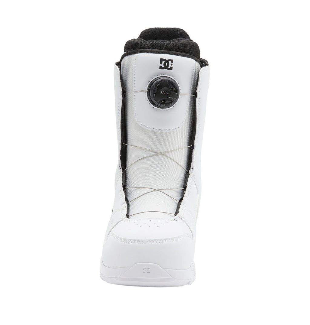 Front view of a white DC Shoes Women’s Phase BOA® Snowboard Boot featuring a black interior, a black DC logo on the tongue, and a central BOA® Fit System tightening dial. The boot is isolated on a white background.
