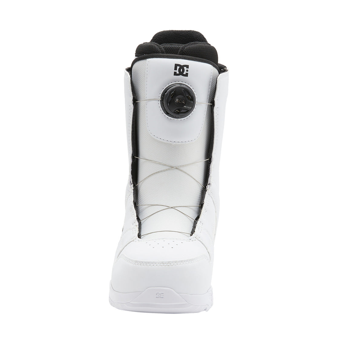 Front view of a white DC Shoes Women’s Phase BOA® Snowboard Boot featuring a black interior, a black DC logo on the tongue, and a central BOA® Fit System tightening dial. The boot is isolated on a white background.