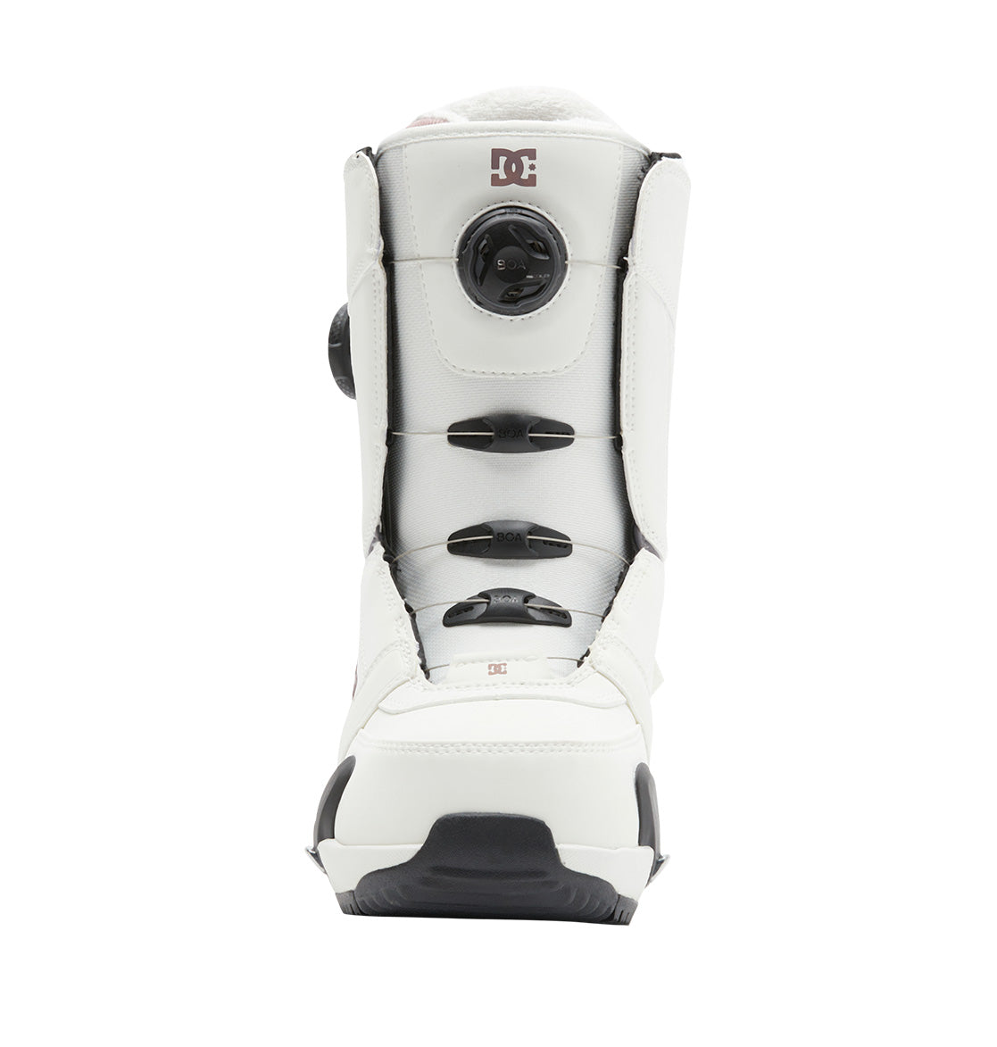 The Women’s Lotus Step On® Snowboard Boot by DC Shoes features a white design with black accents, a front-facing Dual Zone BOA Fit System, and the DC Shoes logo near the top. Its sole is textured with both black and white details.