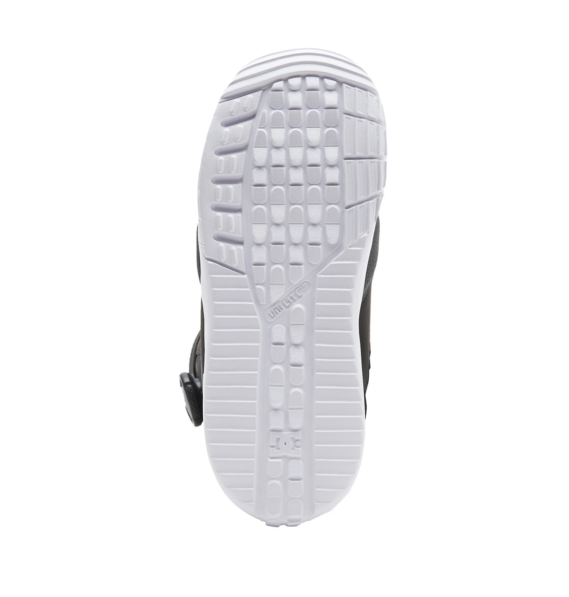 The image shows the white Unilite outsole of the Women’s Lotus BOA® Snowboard Boots by DC Shoes, viewed from below. It displays a textured tread pattern and a small circular DC logo near the heel. The sole is clean and stands out against the darker upper part of the boot.