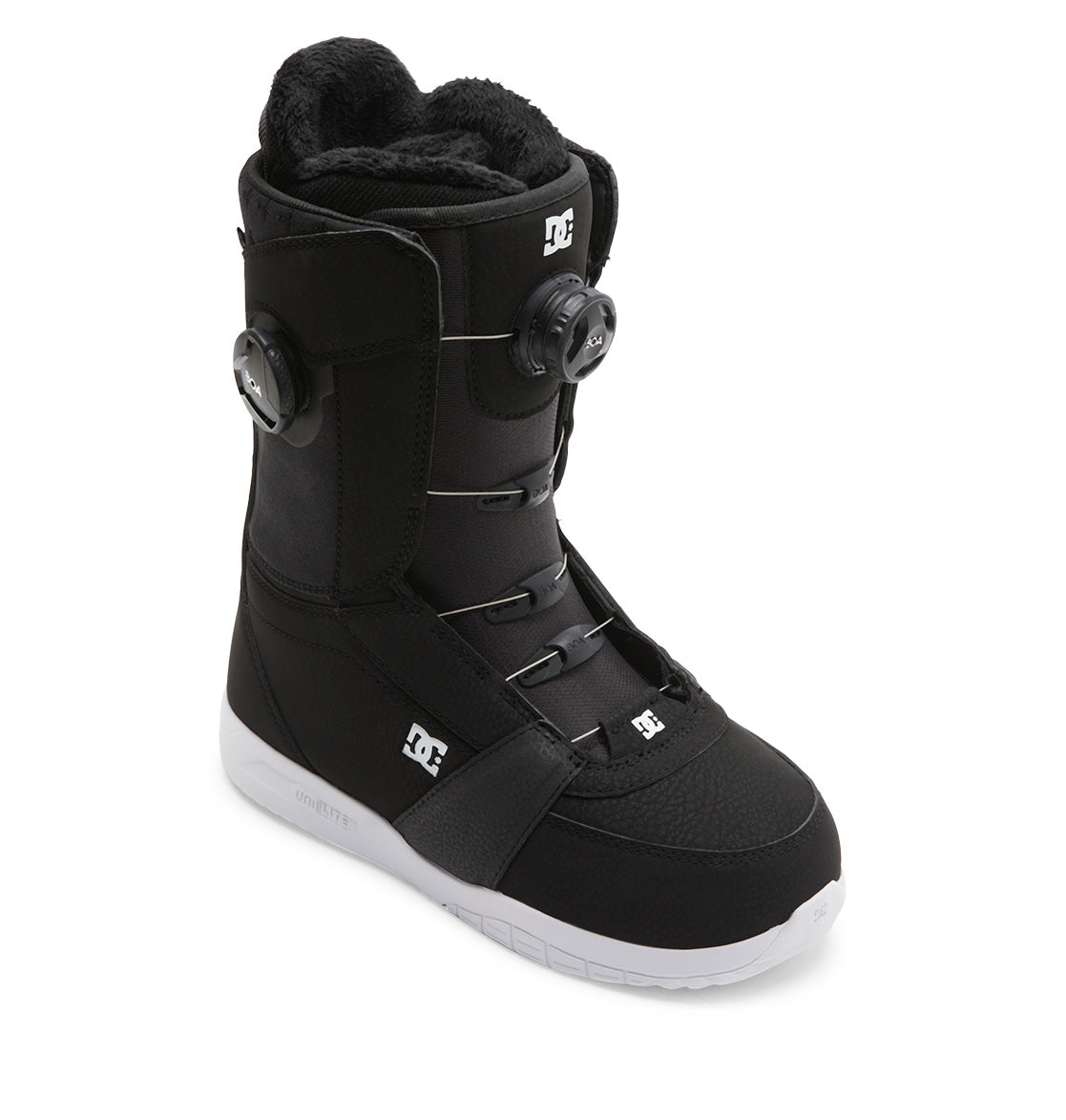 The DC Shoes Women’s Lotus BOA® Snowboard Boots come in black with a white Unilite outsole, featuring the BOA® Fit System dial lacing and a plush R2 liner for added comfort.