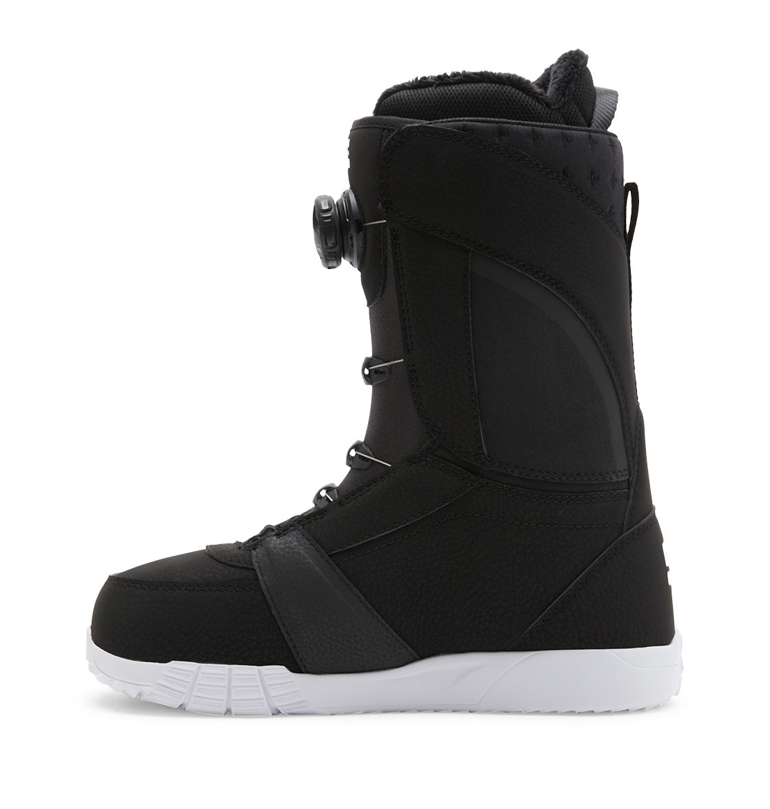 A side view of the DC Shoes Women’s Lotus BOA® Snowboard Boots, showcasing a black design with a white Unilite outsole, BOA® Fit System dial closure, and reinforced stitching.