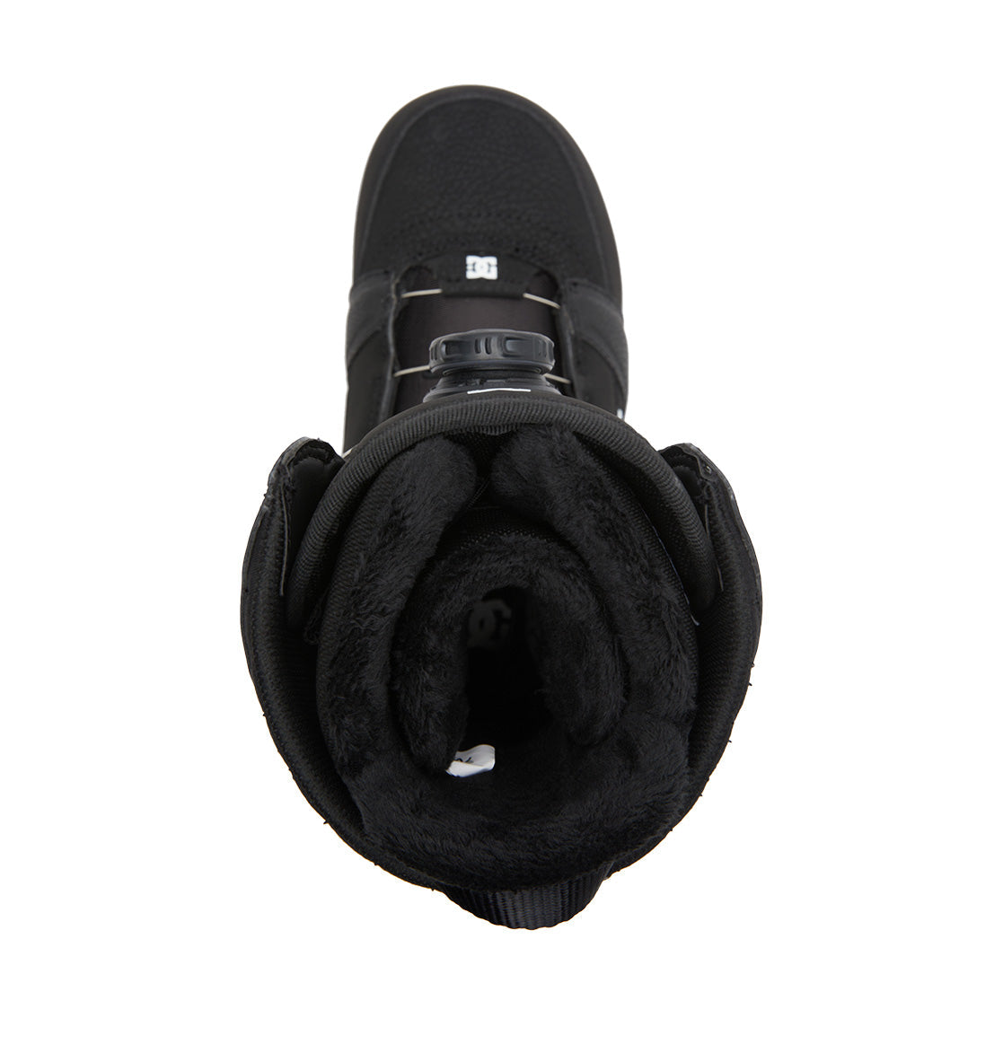 Top view of the DC Shoes Women’s Lotus BOA® Snowboard Boots in black, showcasing a plush fur-lined interior, advanced BOA® Fit System lacing, and a prominent DC logo on the tongue. The design is finished with a lightweight Unilite outsole that offers superior comfort and performance.