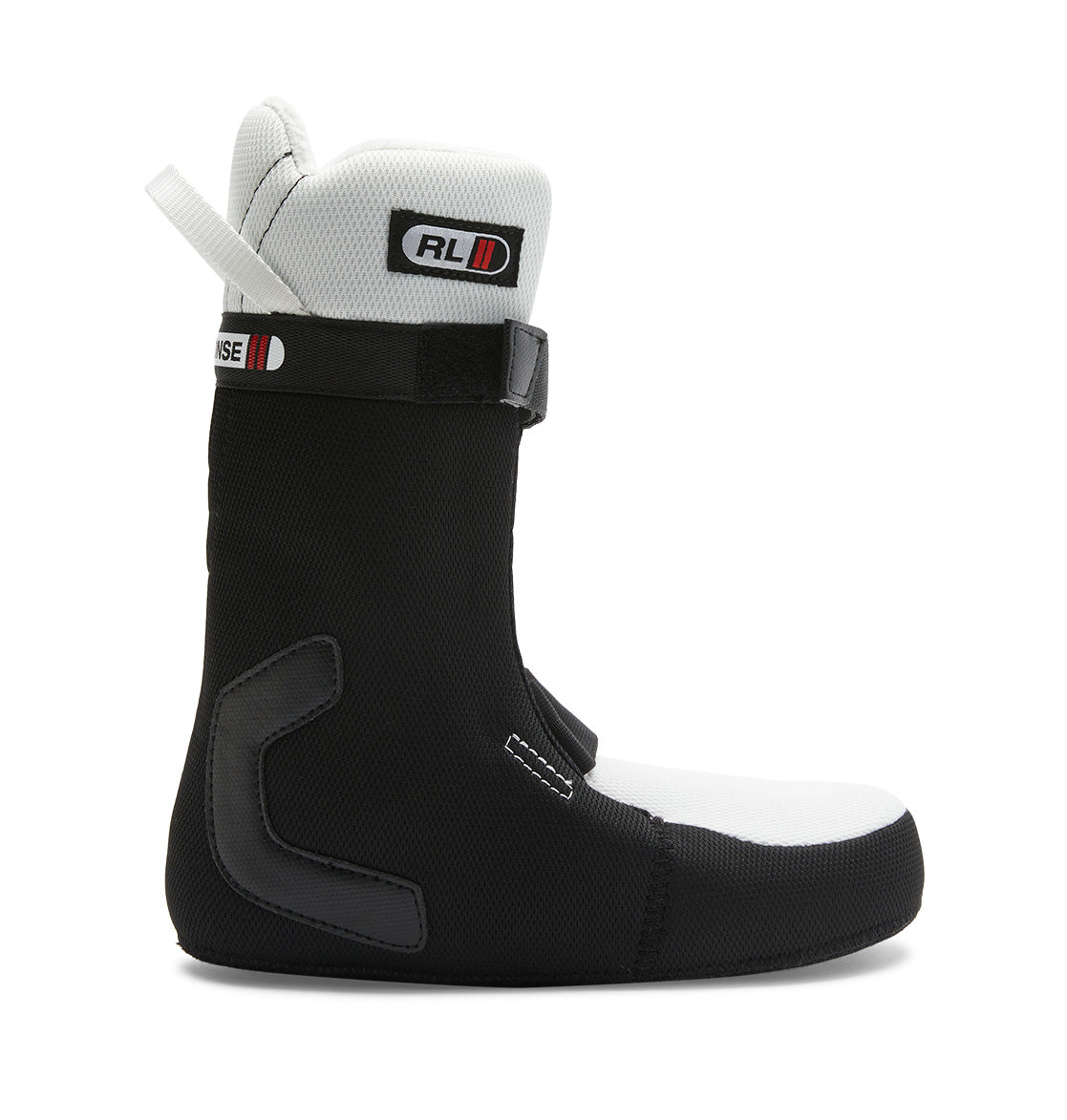 A side view of the DC Shoes Women’s Lotus BOA® Snowboard Boot is shown on a white background, featuring a black and white color scheme, an R2 liner for enhanced comfort, a pull tab at the back, a Velcro strap across the top, and reinforced zones around the ankle and heel.