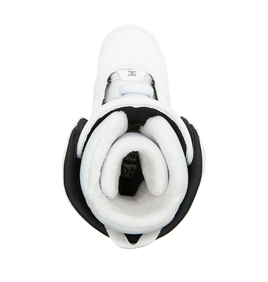 Top view of a white lined Women’s Lotus BOA® Snowboard Boot by DC Shoes, featuring black trim and revealing the plush padded interior and tongue. The DC Shoes logo is visible on the footbed inside the boot, while the advanced R2 liner ensures all-day comfort and warmth.