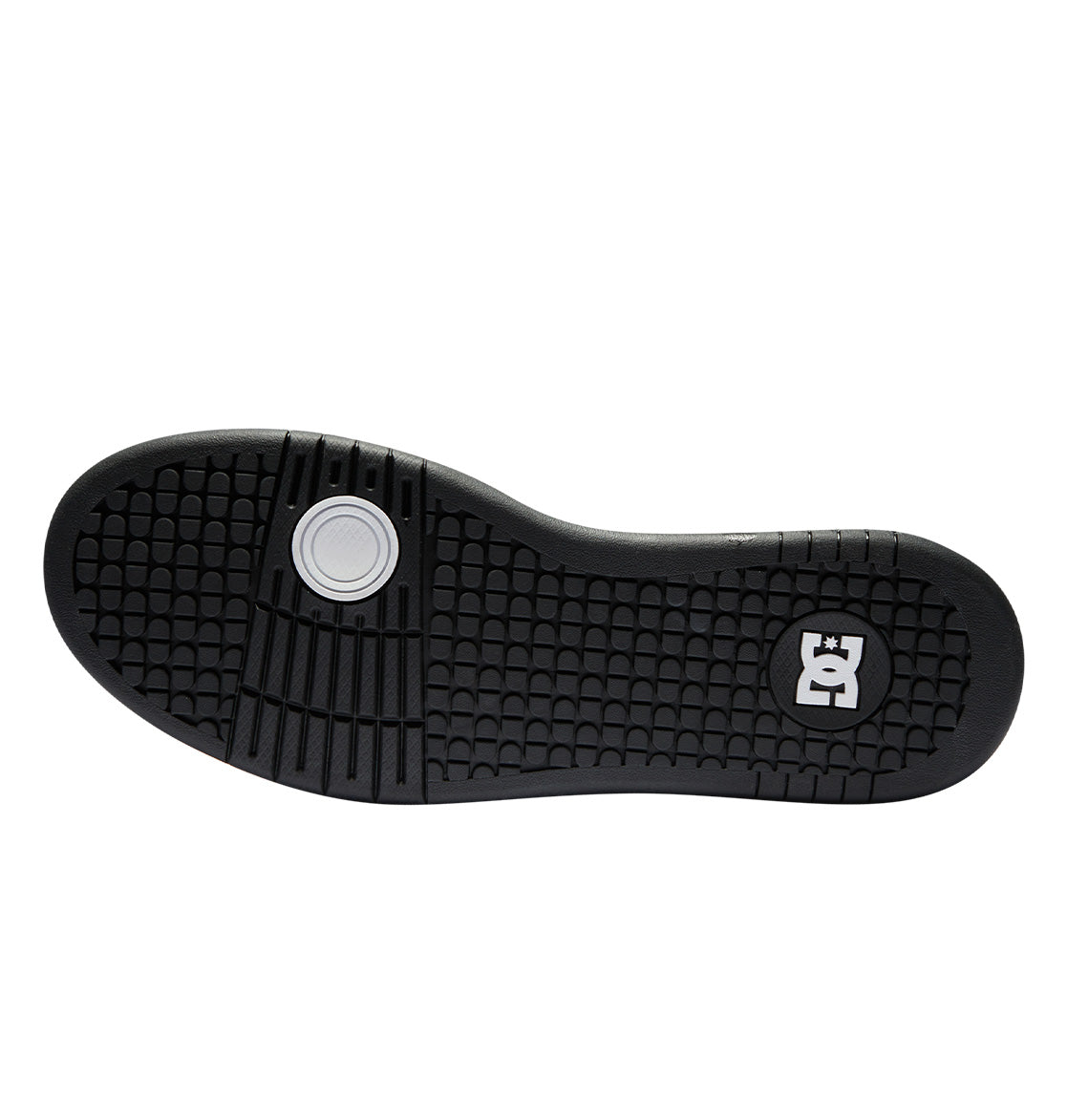 The Men’s Manteca 4 HI Shoes by DC Shoes feature a black sole with a textured, grid-like tread pattern for maximum grip, a circular white accent near the heel, and a white DC Shoes logo on the right side of the forefoot area.