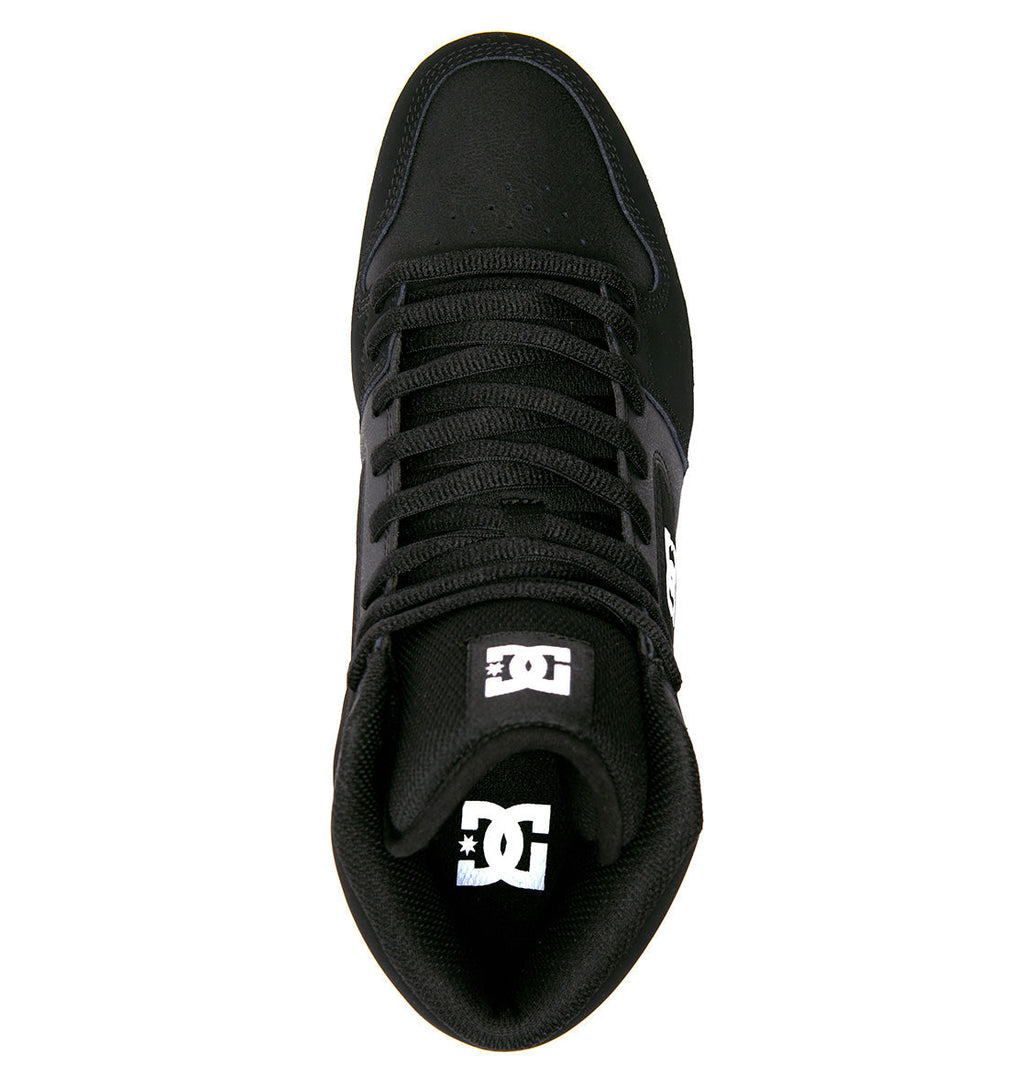 Top view of the Men’s Manteca 4 HI Shoe by DC Shoes in black, designed with black laces and a durable leather upper. The shoe showcases the white DC logo printed on both the tongue and insole, blending style with performance and maximum grip.