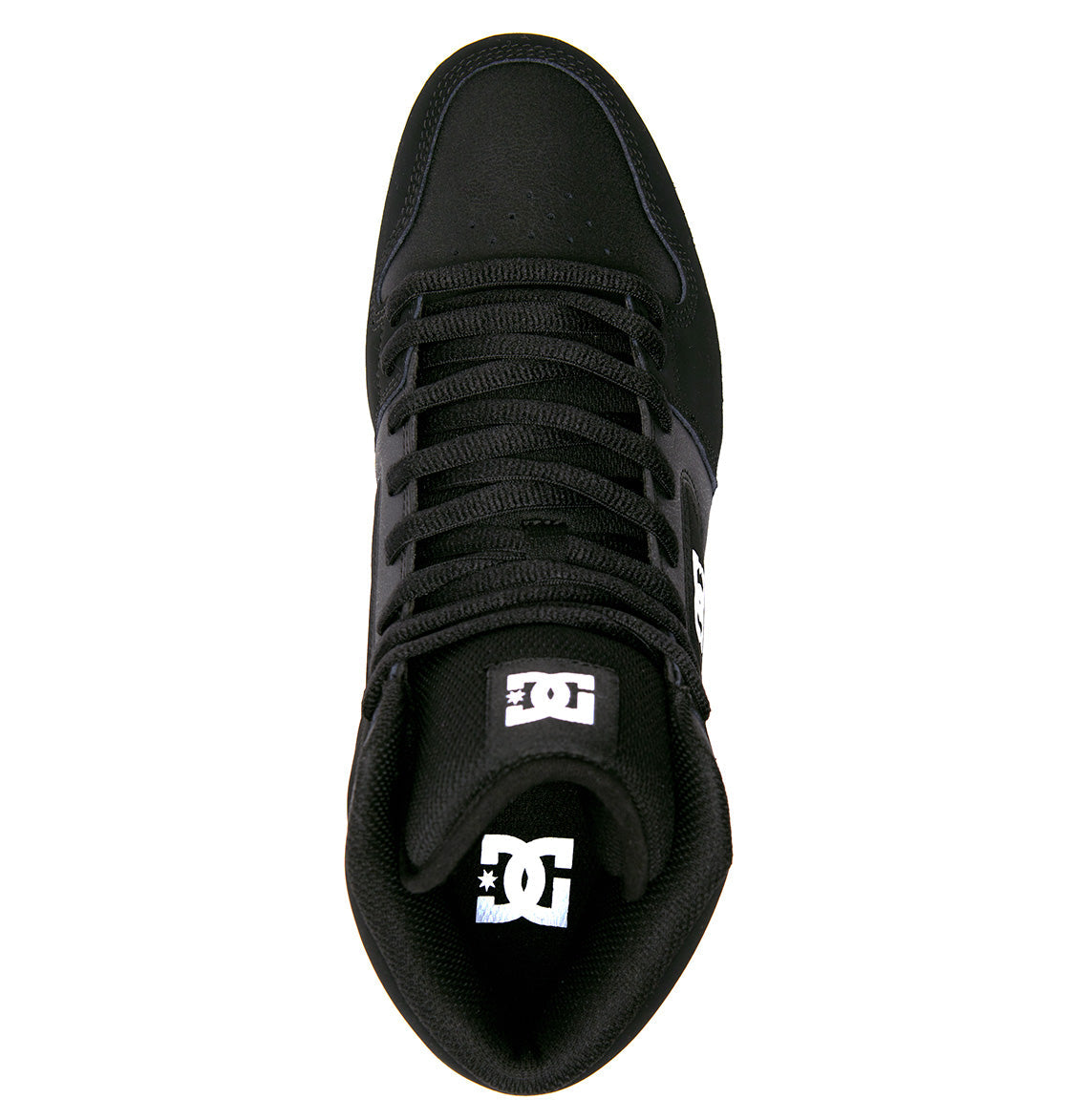 Top view of the Men’s Manteca 4 HI Shoe by DC Shoes in black, designed with black laces and a durable leather upper. The shoe showcases the white DC logo printed on both the tongue and insole, blending style with performance and maximum grip.