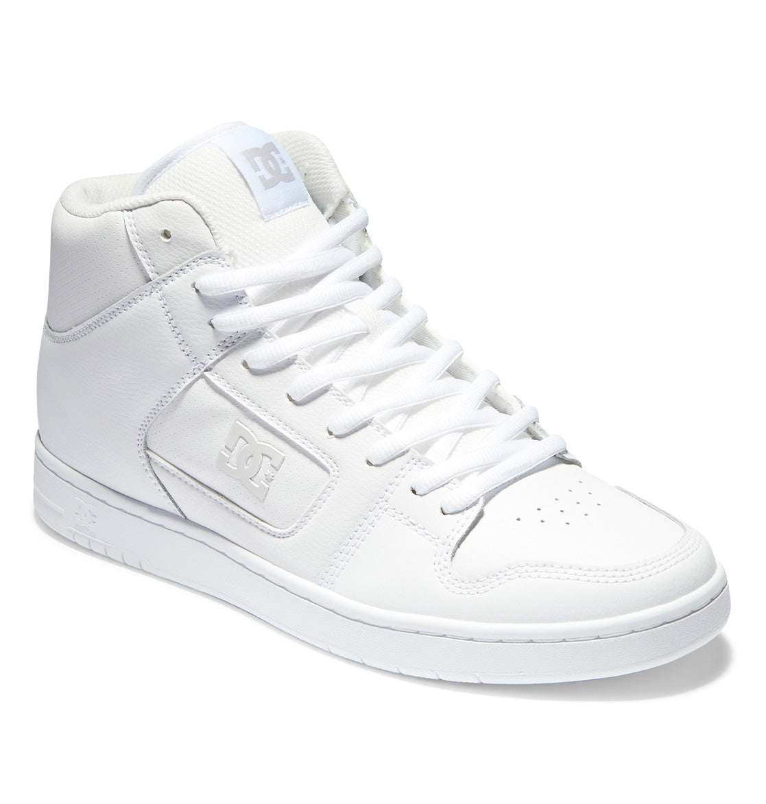 The Men’s Manteca 4 HI Shoes by DC Shoes are white high-top sneakers featuring laces, a perforated toe, and an embossed DC logo on the side. Crafted with a leather upper, this shoe is displayed at an angle to showcase its clean design, padded ankle support, and durable outsole for lasting wear.