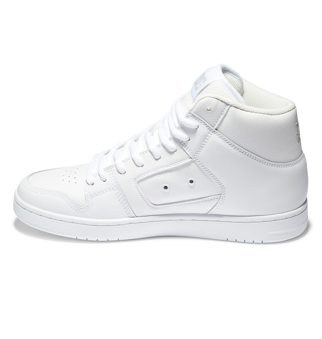 The Men’s Manteca 4 HI Shoes by DC Shoes are white high-top sneakers featuring a leather upper, white laces, perforated toe box, and a textured, durable outsole, displayed from a side view against a white background.