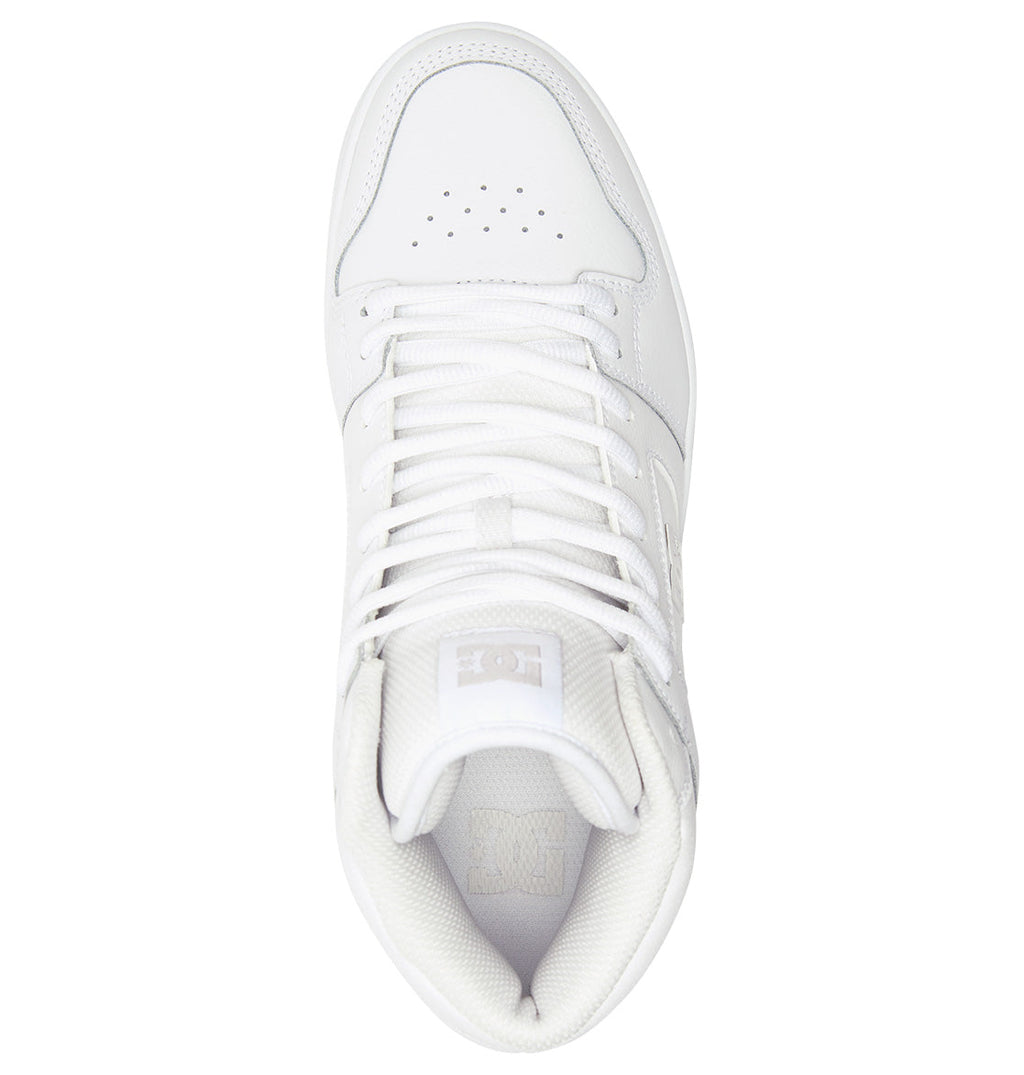 Top view of the Men’s Manteca 4 HI Shoes by DC Shoes, featuring a white leather high-top upper, white laces, perforated toe area, and a padded collar. The tongue displays a subtle DC Shoes logo. The shoe is finished with a durable outsole for lasting wear and boasts a clean, minimalistic design.