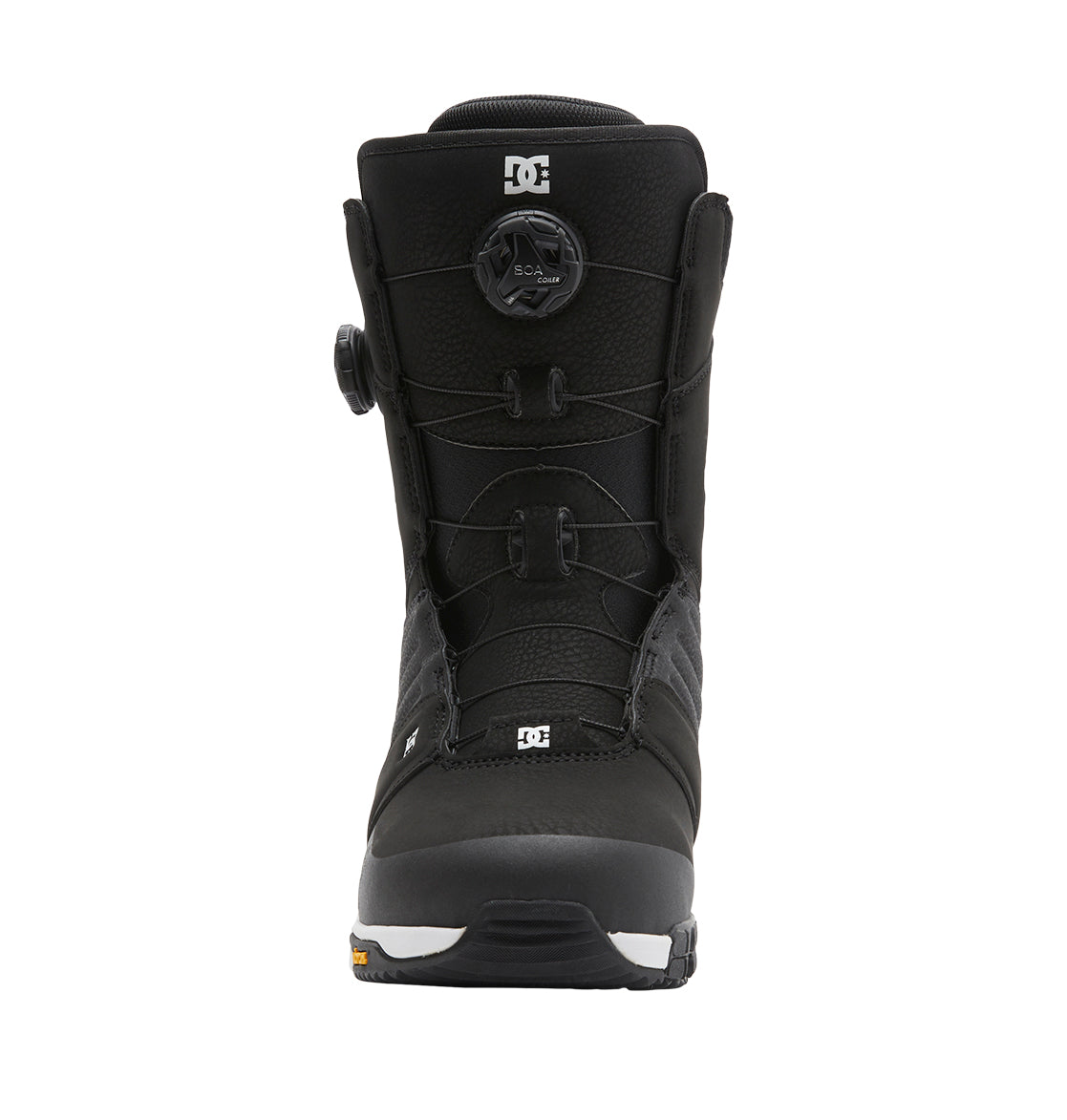 Front view of the Men’s Judge BOA® Snowboard Boots by DC Shoes in black, showcasing the advanced Dual Zone BOA® Fit System for precise lacing control, visible stitching, and a textured surface. The rugged sole offers excellent traction, with small DC Shoes logos displayed on the toe and tongue.