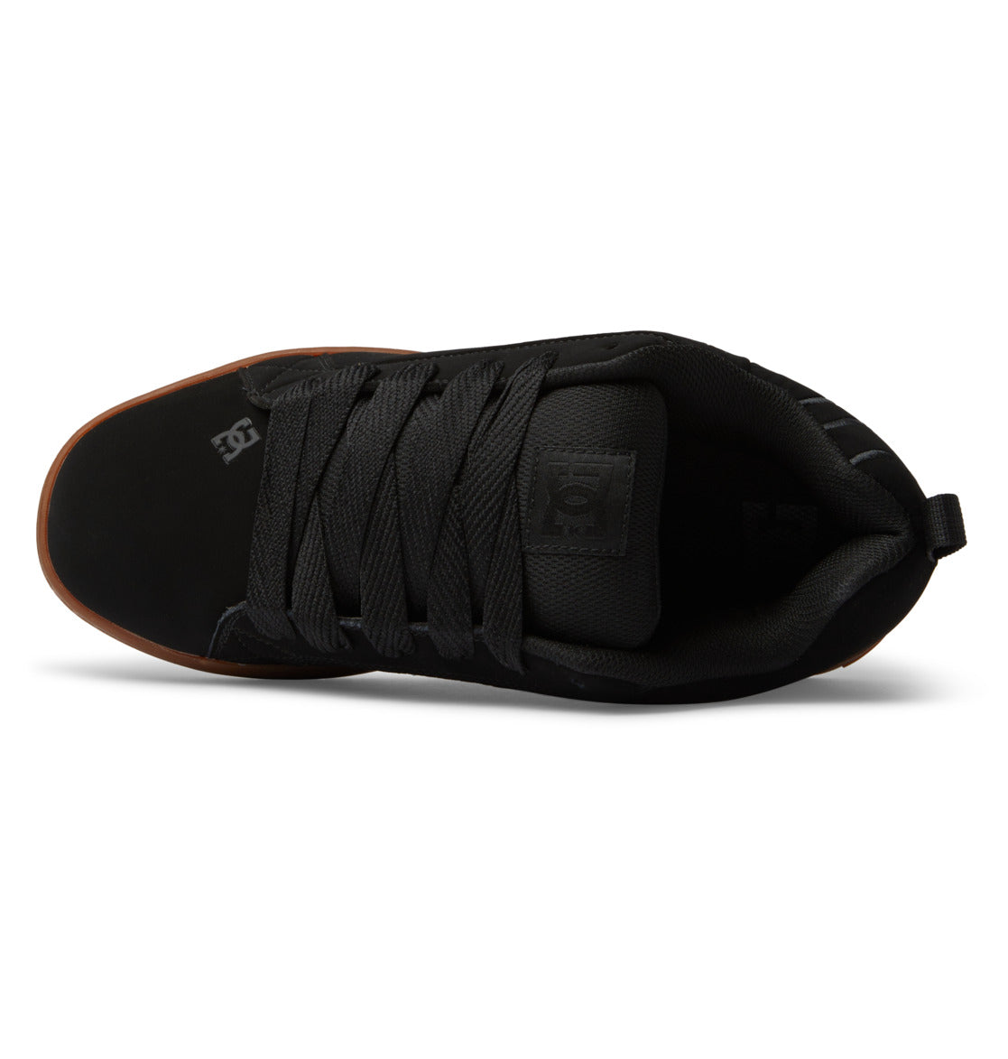 The Men’s Court Graffik Shoes by DC Shoes are black skate shoes with a classic puffy silhouette, wide laces, a brown sole, and the signature DC logo on the tongue and side—all visible from an overhead view against a white background.