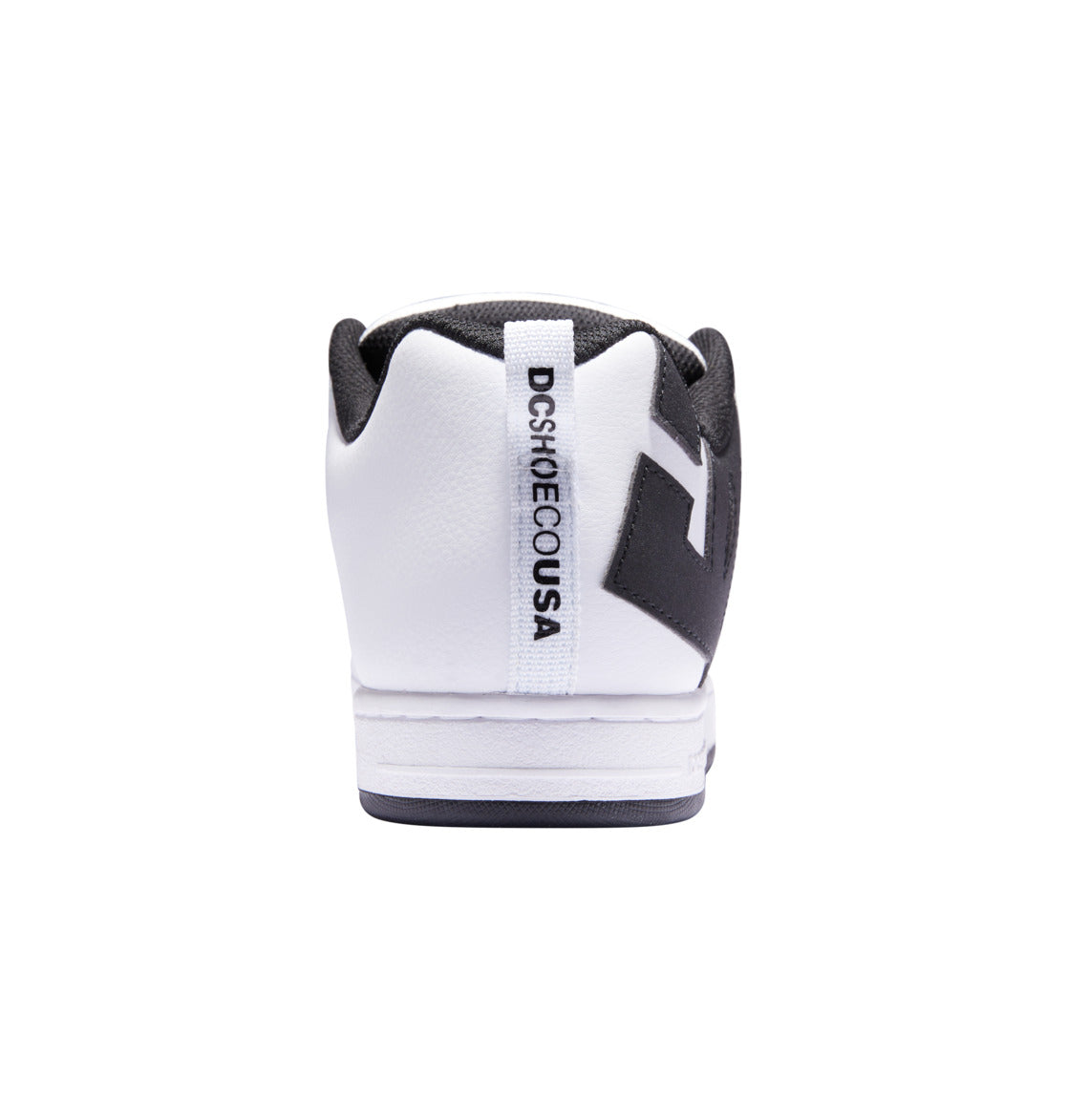 A rear view of the Men’s Court Graffik Shoes by DC Shoes in white and black highlights DCSHOECOUSA printed on the heel’s vertical white strip. The signature DC logo stands out, while the shoe’s puffy silhouette, padded collar, and clean white sole complete the look.
