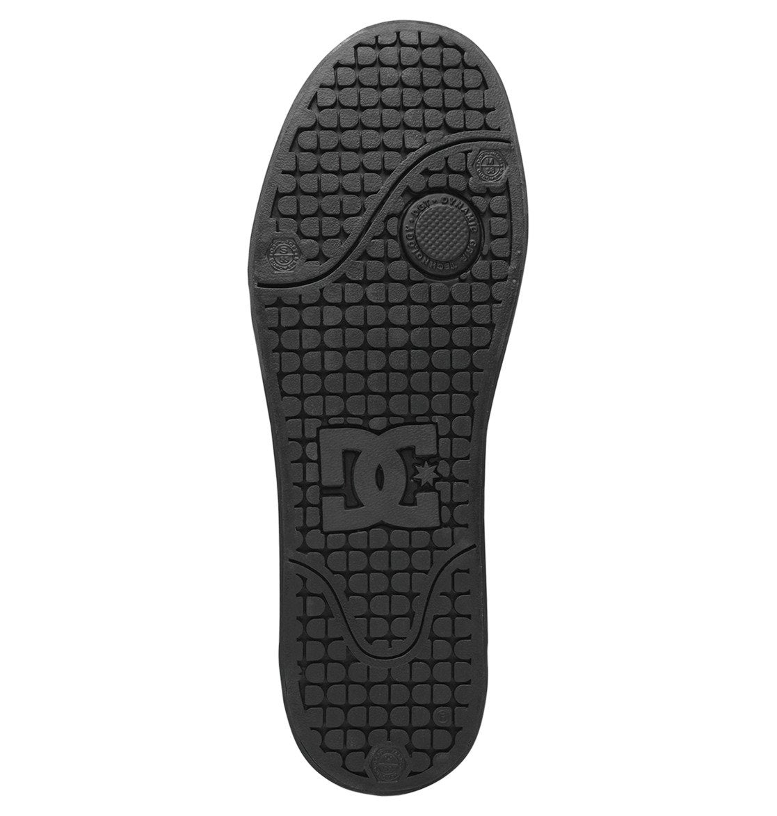 The Men’s Pure Shoes by DC Shoes feature a black rubber sole with a textured grid pattern, circular grip zones, and the iconic DC Shoes logo prominently embossed at the center. Designed for versatility, this sole includes curved line detailing and raised accents near the toe and heel to enhance comfort.