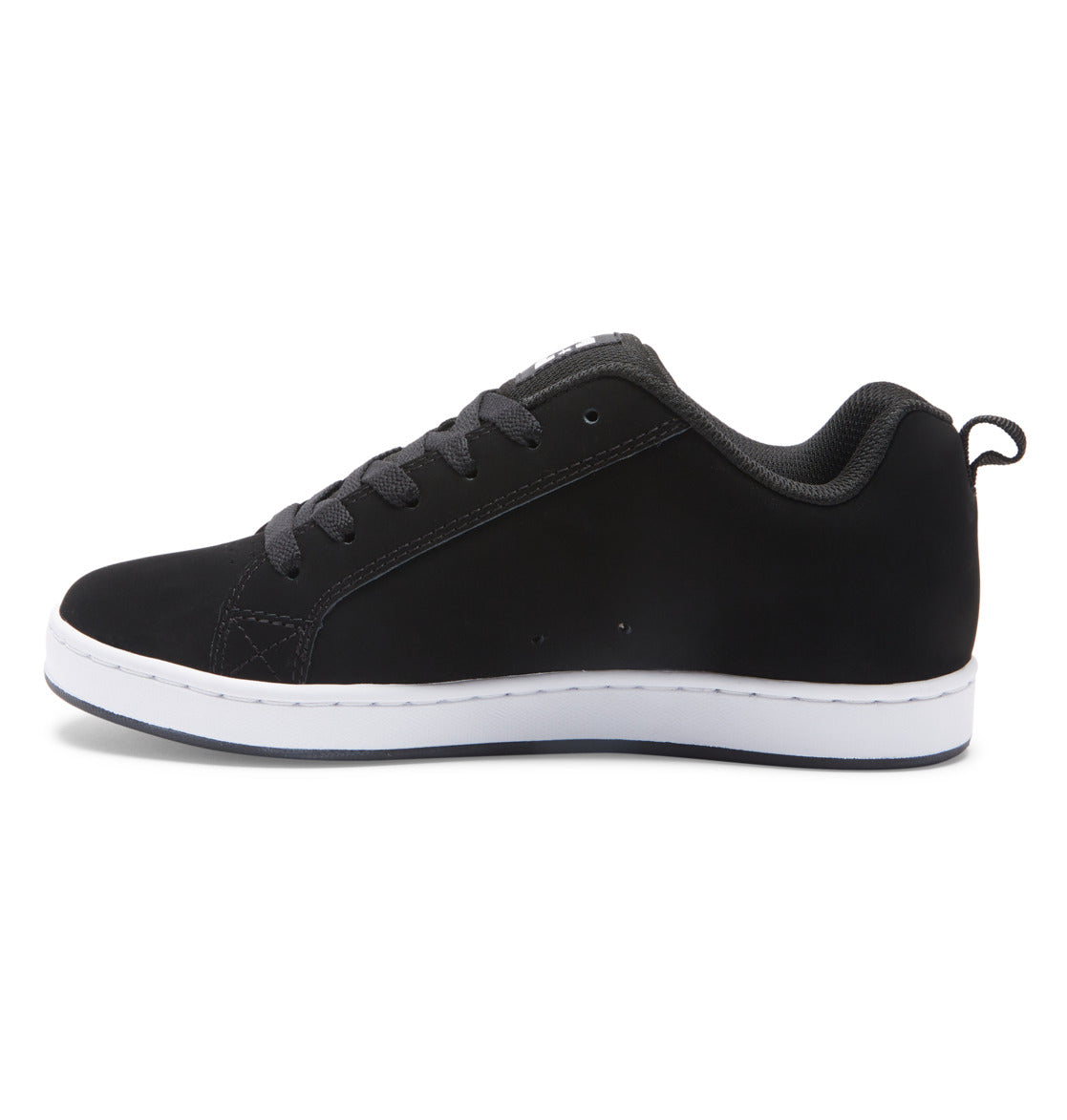 The Women’s Court Graffik Shoes by DC Shoes are shown in a side profile against a white background, featuring a black low-top design with matching laces and stitching, set atop a white sole—a classic look accented with subtle ’90s-inspired style.