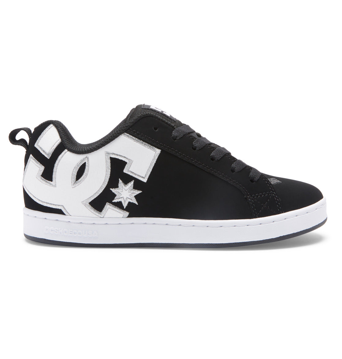 Step into ’90s style with the Women’s Court Graffik Shoes by DC Shoes—these black skate sneakers feature a white sole, black laces, and a large white DC logo with a signature star design on the side, all set in their iconic chunky silhouette.