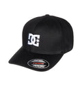 A black Men’s Star 2 Stretch Fit Cap by DC Shoes, featuring the iconic white DC Shoes logo on the front and an XL size sticker on the curved brim for a classic skate-inspired look.