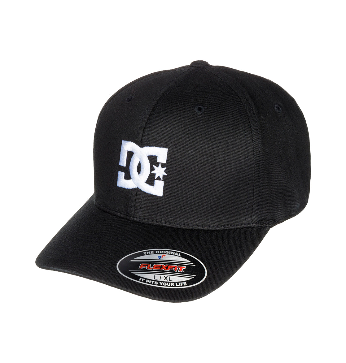 A black Men’s Star 2 Stretch Fit Cap by DC Shoes, featuring the iconic white DC Shoes logo on the front and an XL size sticker on the curved brim for a classic skate-inspired look.
