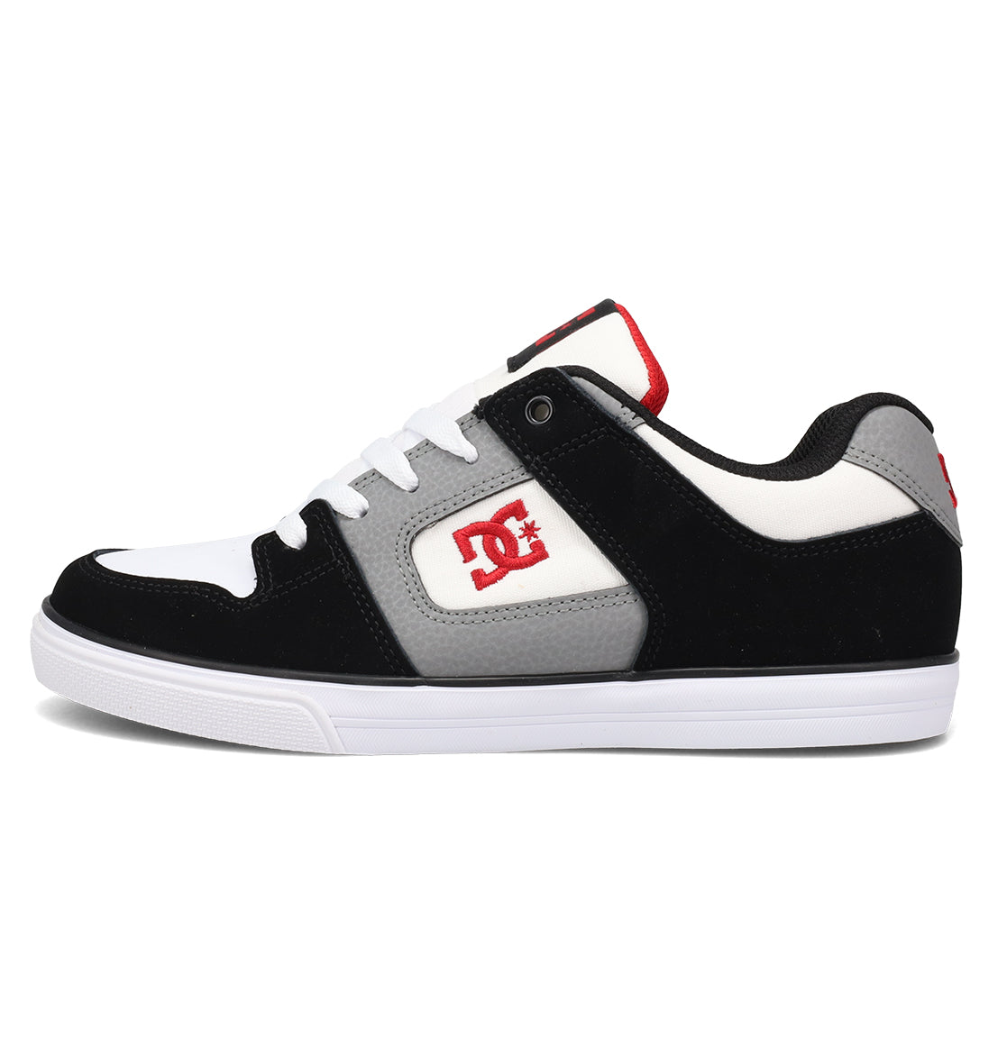 Introducing the Kids’ Pure Shoes by DC Shoes—a durable skate shoe for kids, featuring black, white, and gray colors with a striking red DC Shoes logo on the side, comfortable white laces, and a classic white sole.