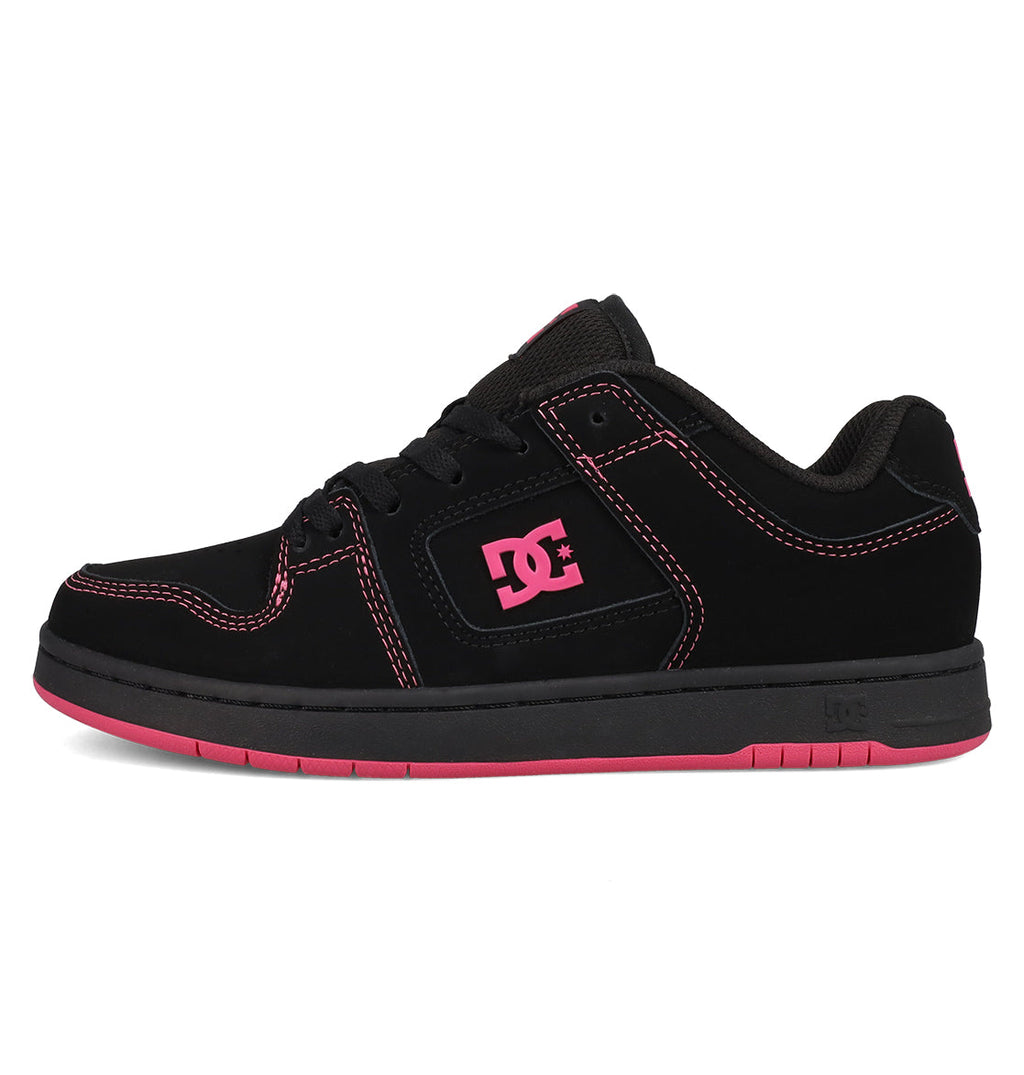 The Women's Manteca 4 Shoes by DC Shoes come in black with pink accents, featuring the iconic logo on the side, pink stitching, and a black sole accented with a pink stripe near the bottom.