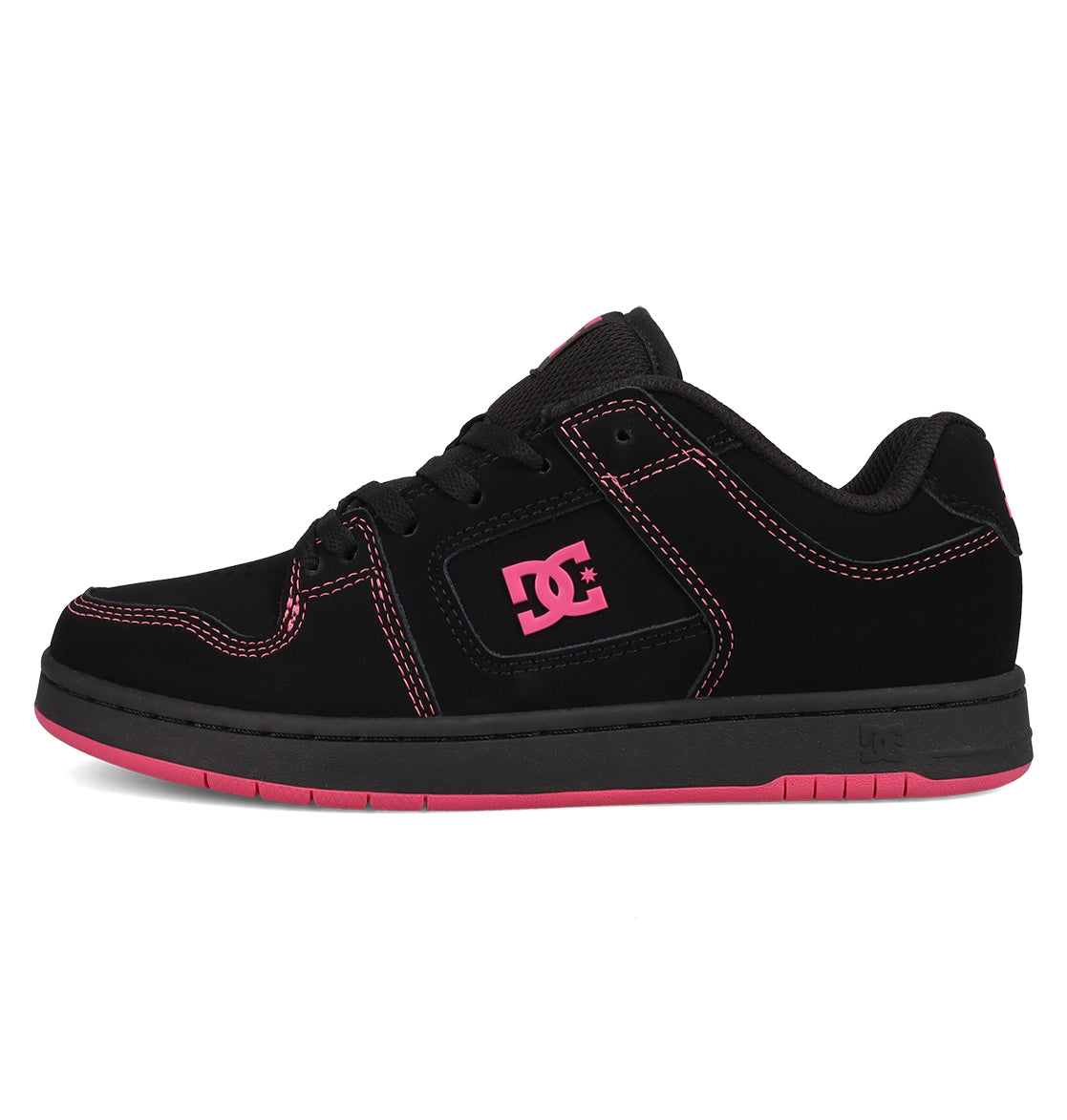 The Women's Manteca 4 Shoes by DC Shoes come in black with pink accents, featuring the iconic logo on the side, pink stitching, and a black sole accented with a pink stripe near the bottom.