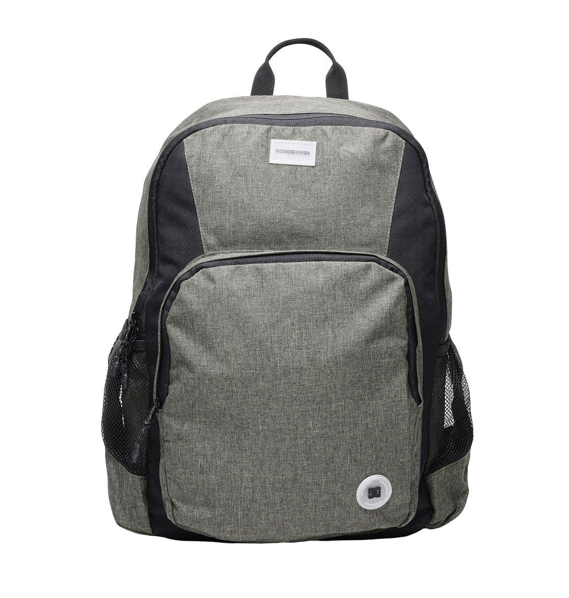A gray and black DC Shoes Locker Backpack featuring a front zippered pocket, two mesh side pockets, a padded laptop sleeve, and a small rectangular patch near the top handle, photographed against a white background.