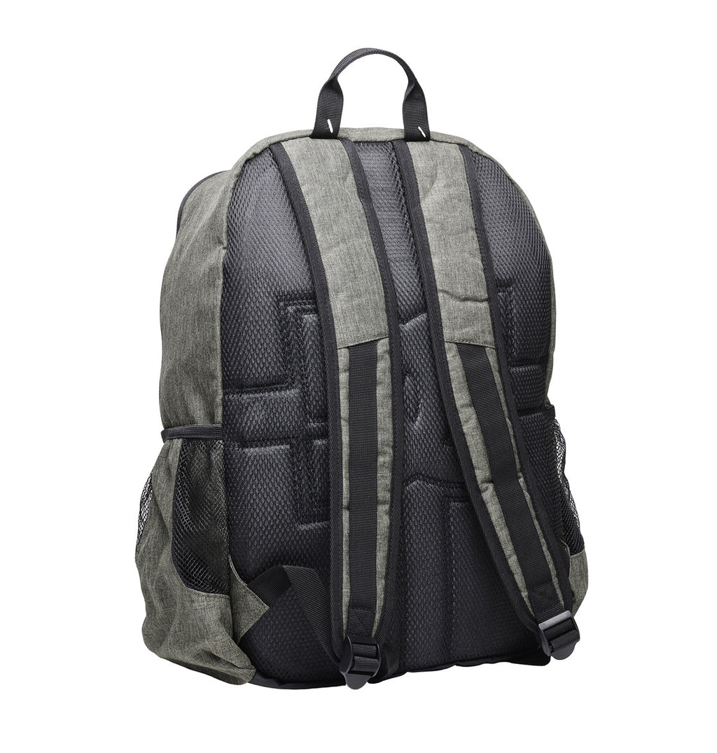 A gray and black DC Shoes Locker Backpack is displayed from the back, showcasing padded shoulder straps, a top handle, mesh side pockets, and a convenient padded laptop sleeve for everyday essentials.