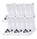 The DC Shoes Logo Crew Socks 6-Pack includes twelve pairs of white men's performance socks with black star and arrow logos, a small square logo near the cuff, arch support, and moisture-wicking fabric.