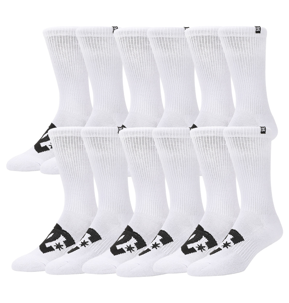 The DC Shoes Logo Crew Socks 6-Pack includes twelve pairs of white men's performance socks with black star and arrow logos, a small square logo near the cuff, arch support, and moisture-wicking fabric.