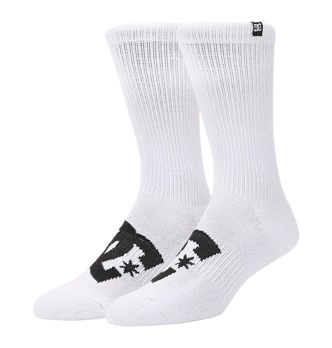 DC Shoes Logo Crew Socks 6-Pack features white ribbed crew socks for men with bold black DC Shoes logo and star on top, built-in arch support, and a small black tag near the cuffs for added style.