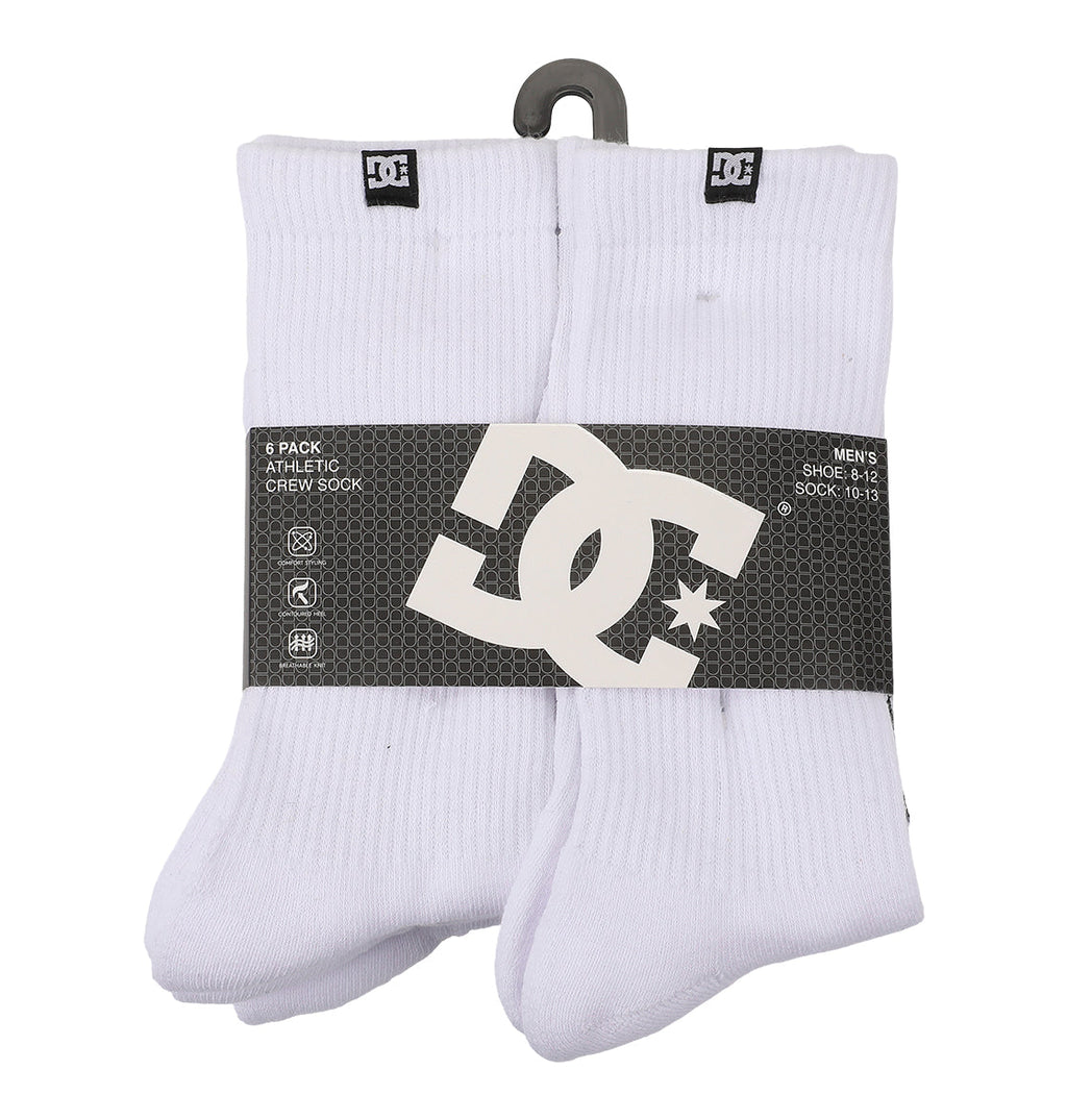 A six-pack of DC Shoes Logo Crew Socks for men, in white, folded with a black DC label and displayed on a plastic hanger. These crew socks feature arch support for enhanced comfort.