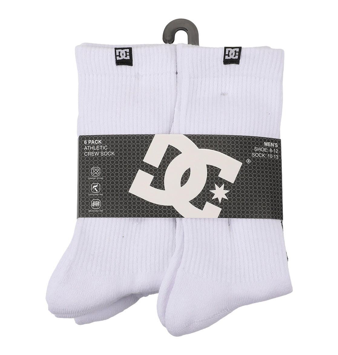 A six-pack of DC Shoes Logo Crew Socks for men, in white, folded with a black DC label and displayed on a plastic hanger. These crew socks feature arch support for enhanced comfort.