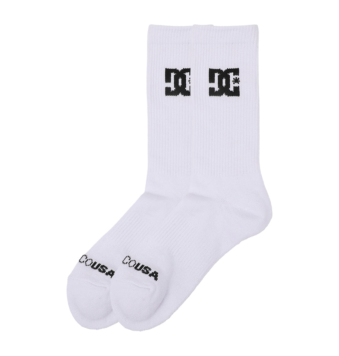 The DC Shoes Crew Socks 6-Pack features white crew socks with a black DC Shoes logo on the front and "COUSA" printed near the toes, shown side by side on a plain white background.