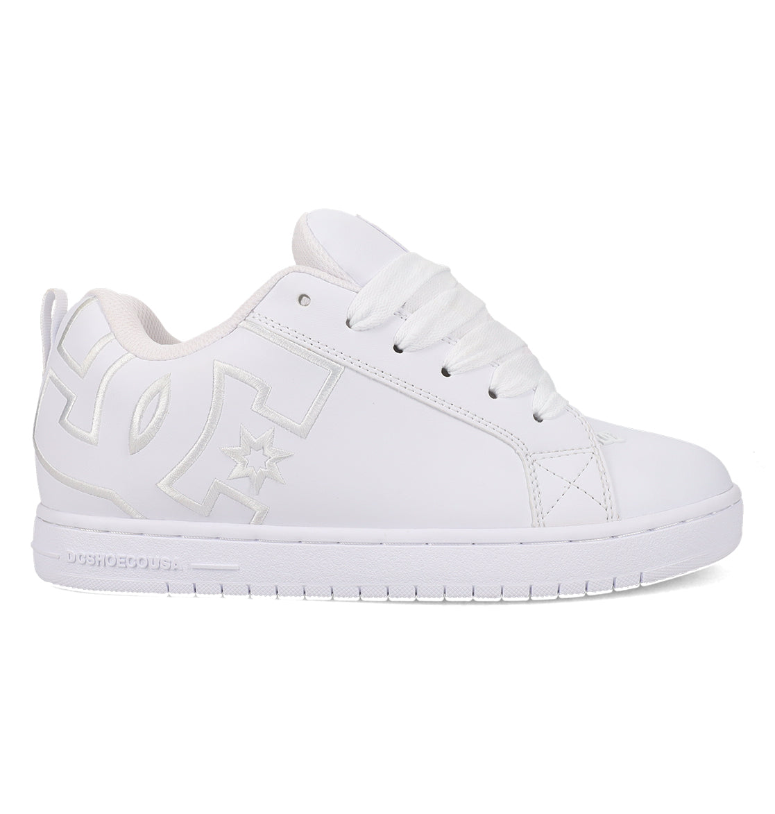 The Men’s Court Graffik Shoes by DC Shoes feature a white low-top design with white laces, minimal stitching, and a prominent embossed DC Shoes logo on the side. Inspired by the iconic DC Court Graffik chunky skate shoes, this style offers a flat sole and a simple, clean look—ideal for anyone who values comfort paired with classic streetwear appeal.