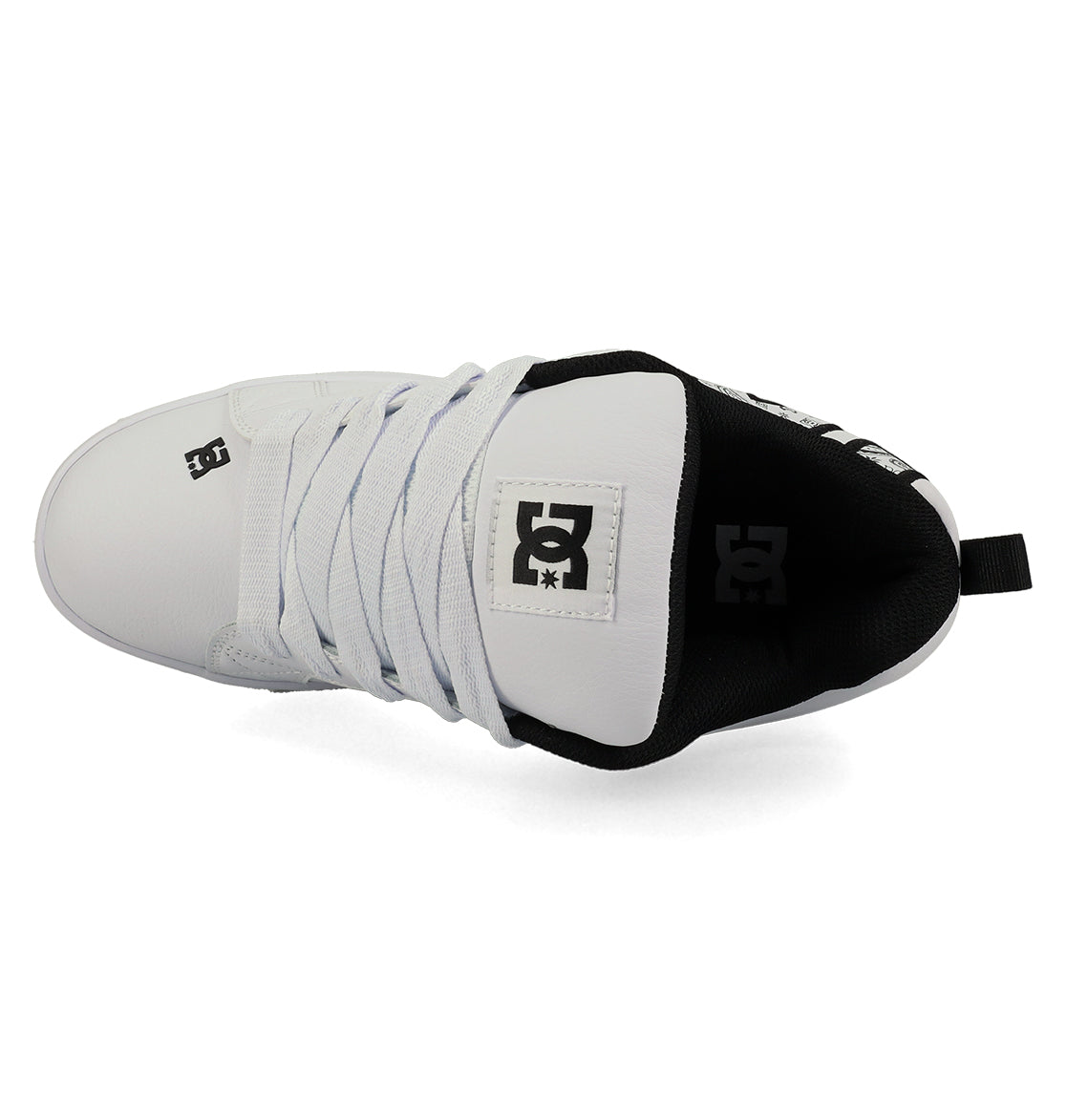 Top view of the Men's Court Graffik Shoes by DC Shoes, featuring a white puffy silhouette, black interior, white laces, and DC branding on the tongue and inner heel.