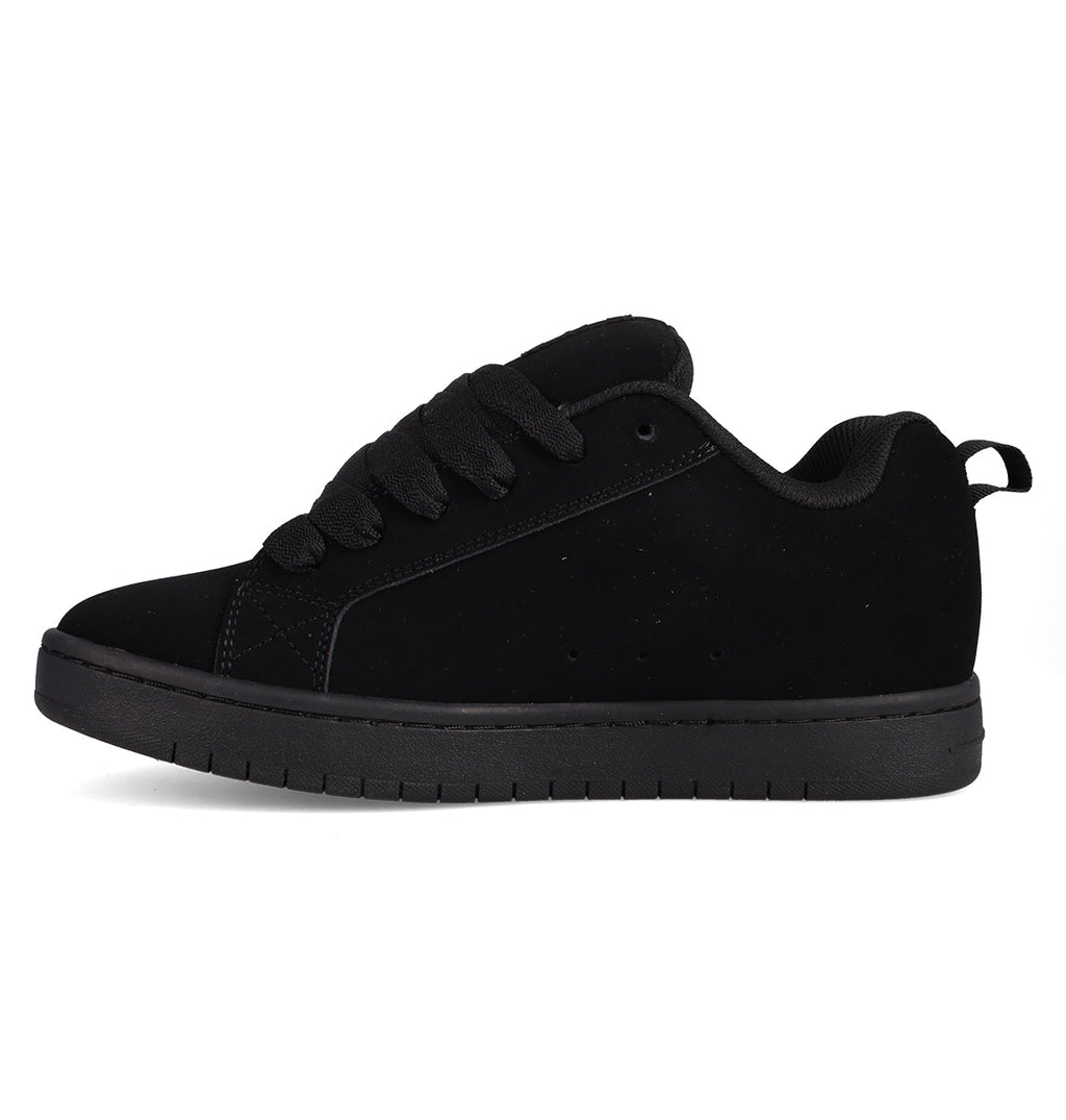The Men's Court Graffik Shoes by DC Shoes are black low-top sneakers featuring a flat sole, black laces, a classic puffy silhouette, and subtle stitching details, displayed in a left-facing side view.