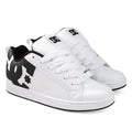 A pair of DC Shoes Women’s Court Graffik shoes in white, showcasing chunky ’90s style with bold black accents, oversized black DC logos on the sides, white laces, and black outsoles, positioned side by side on a plain white background.