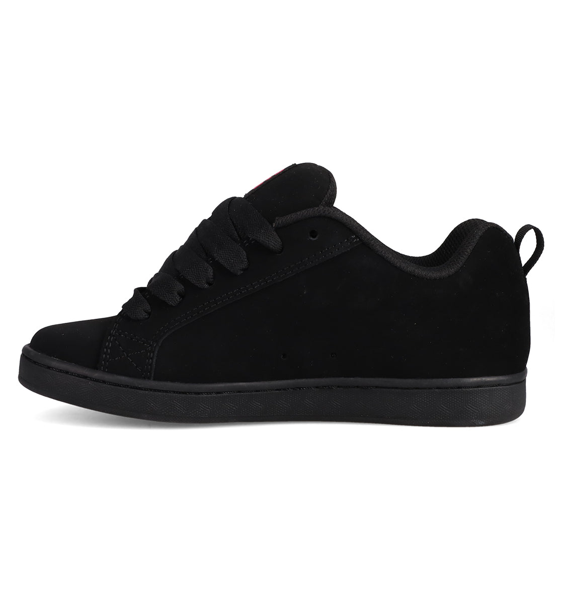 The Women's Court Graffik Shoes by DC Shoes feature a black, low-top, puffy silhouette with black laces, a black sole, suede-like finish, and the classic DC logo, shown in side profile facing left.
