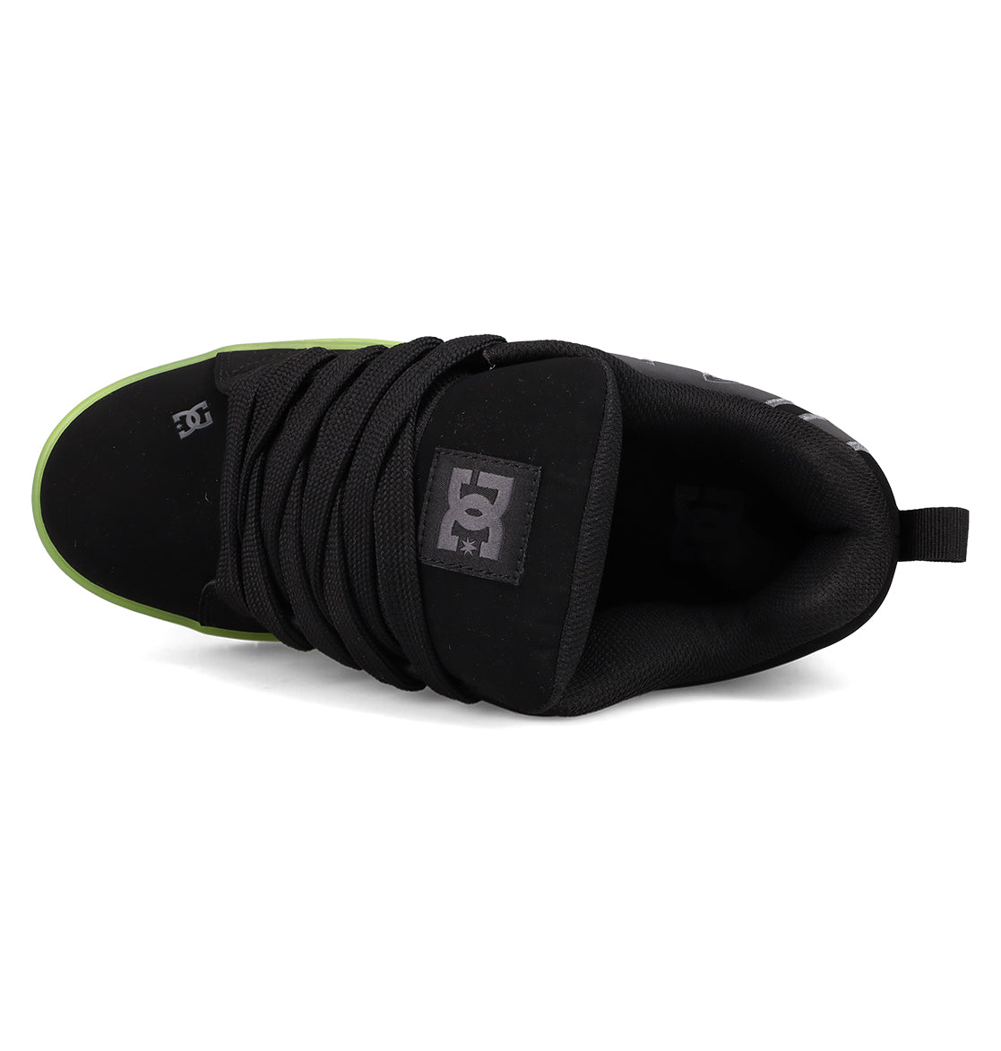 Top view of DC Shoes Men's Court Graffik SE Shoes in black with thick laces, green toe edge, and logo on the tongue, crafted with premium uppers for lasting comfort.