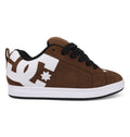 The Men’s Court Graffik Special Edition Shoes from DC Shoes feature a brown suede upper with black laces, white perforated accents, and a prominent white DC logo on the side. Showcasing the iconic puffy Court Graffik silhouette, these shoes have a white sole with a black bottom.